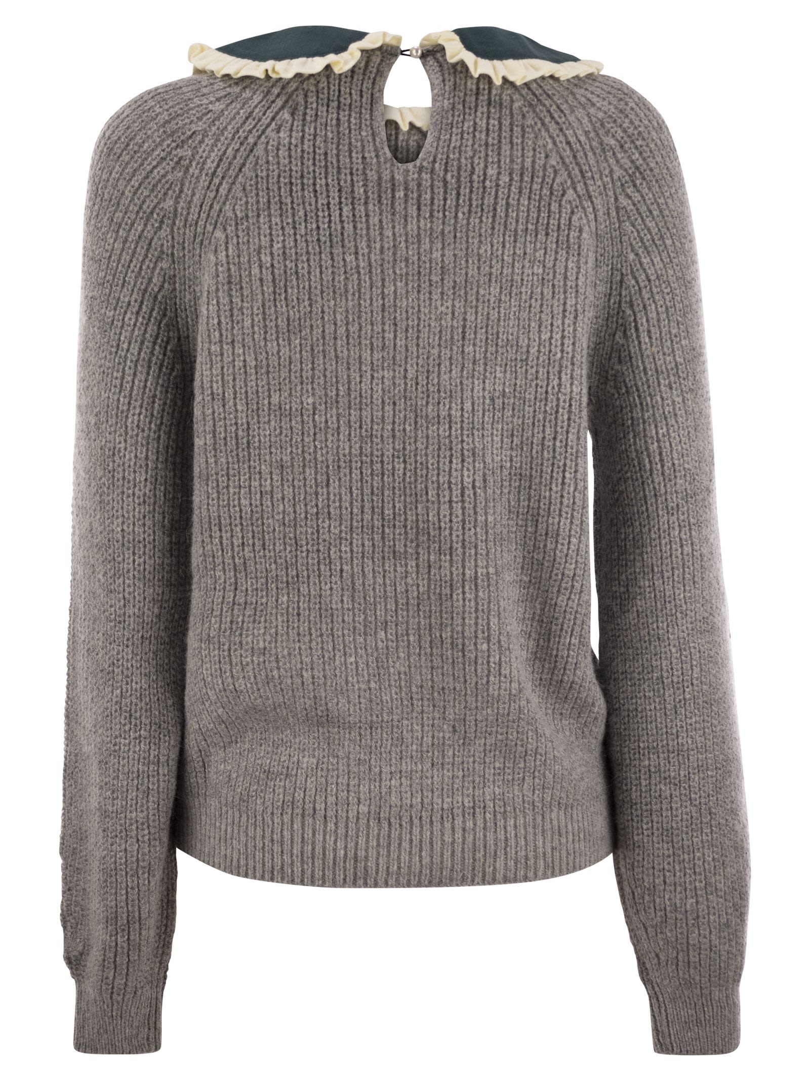 Mc2 Saint Barth Calia - Ribbed Jumper With Velvet Collar And Bow In Grey