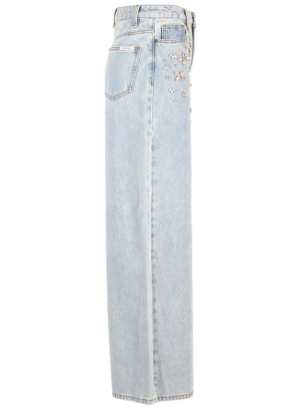 Shop Self-portrait Wide Leg Jeans With Rhinestones In Light Blue