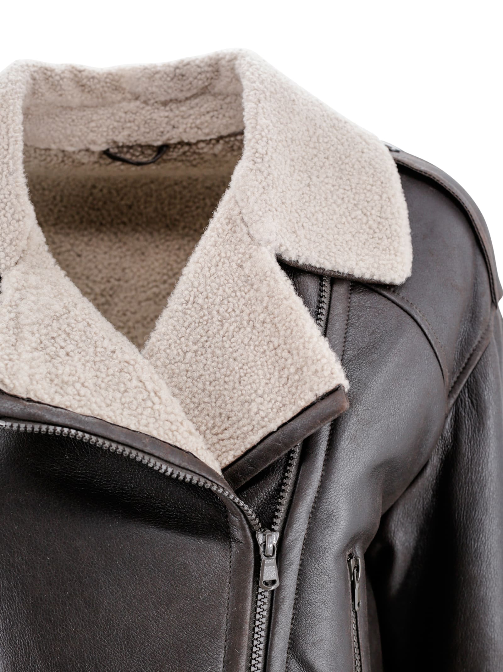 Shop Brunello Cucinelli Giacca Biker In Pelle Con Collo In Shearling In Cioccolato