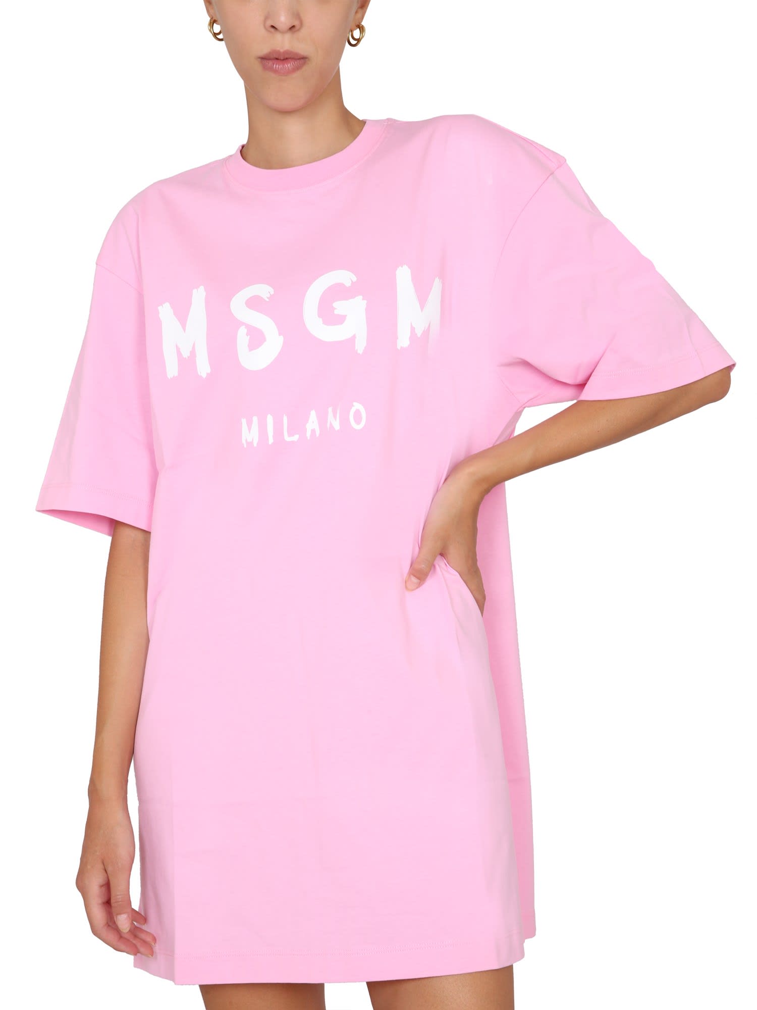 Msgm Logo-print Cotton T-shirt Dress In Pink