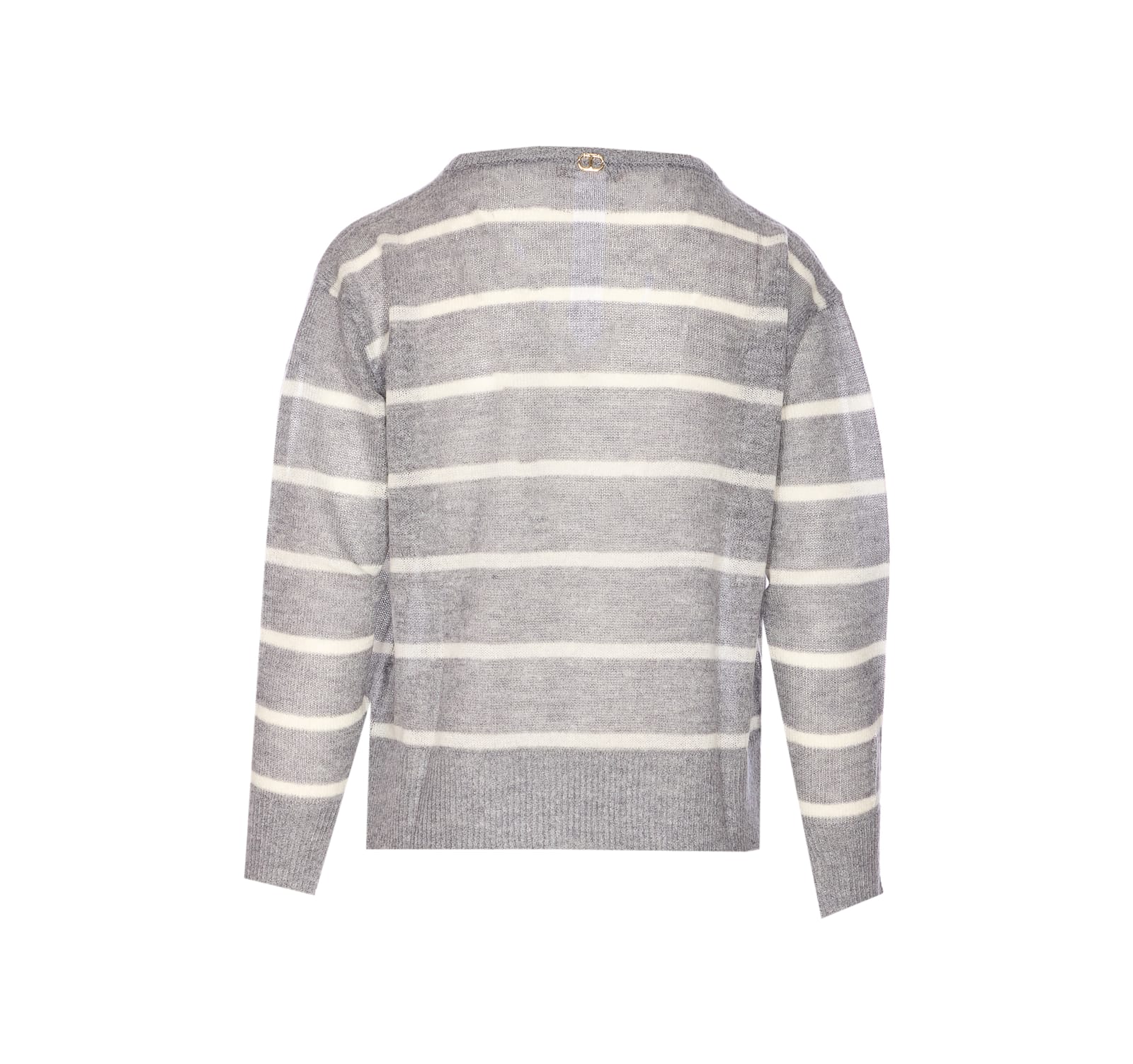 Twinset Grey Striped Sweater With Lace Floral Embellishment And Embroidered Detail In Gray