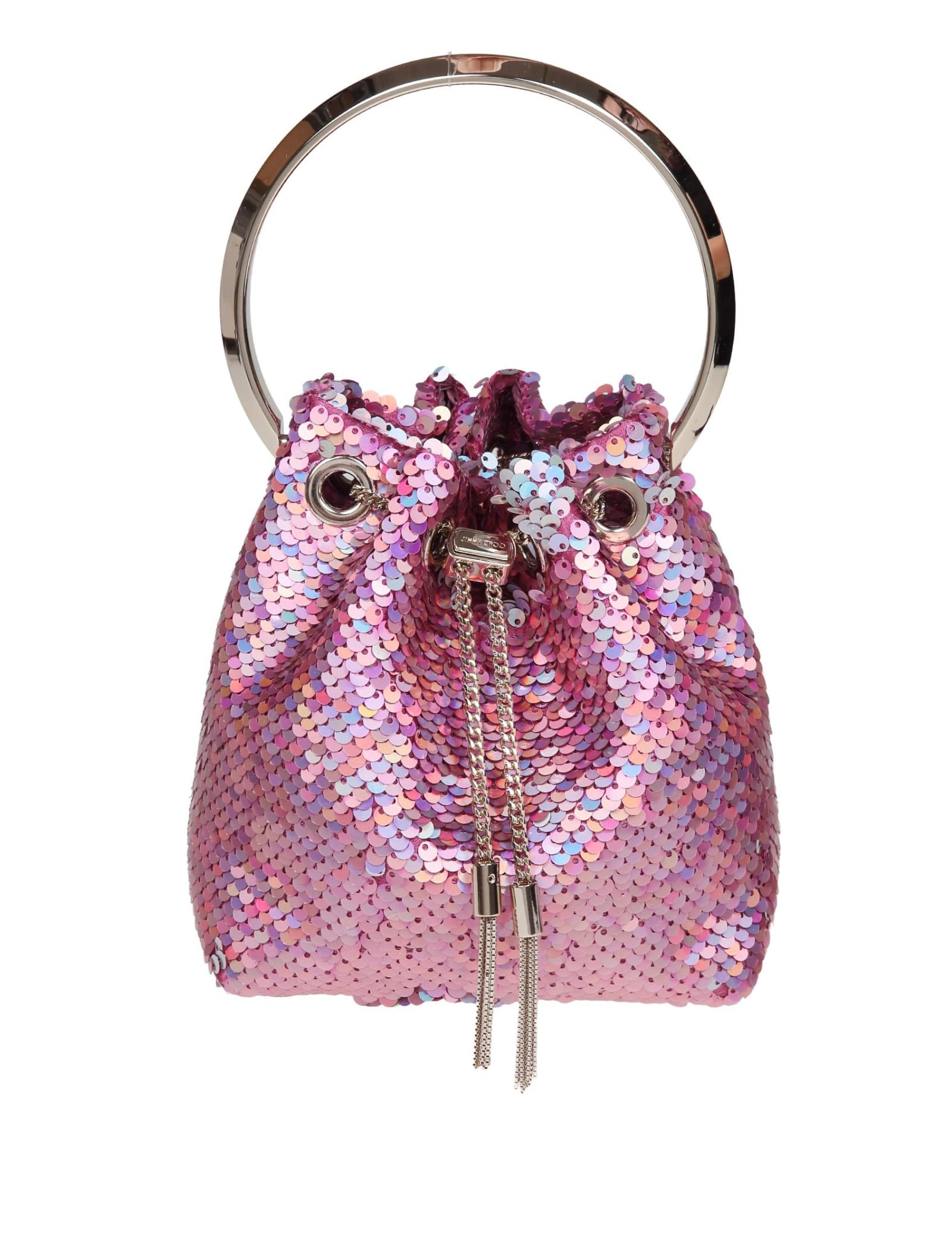 Shop Jimmy Choo Bon Bon Bucket In Fabric With Sequins In Pink