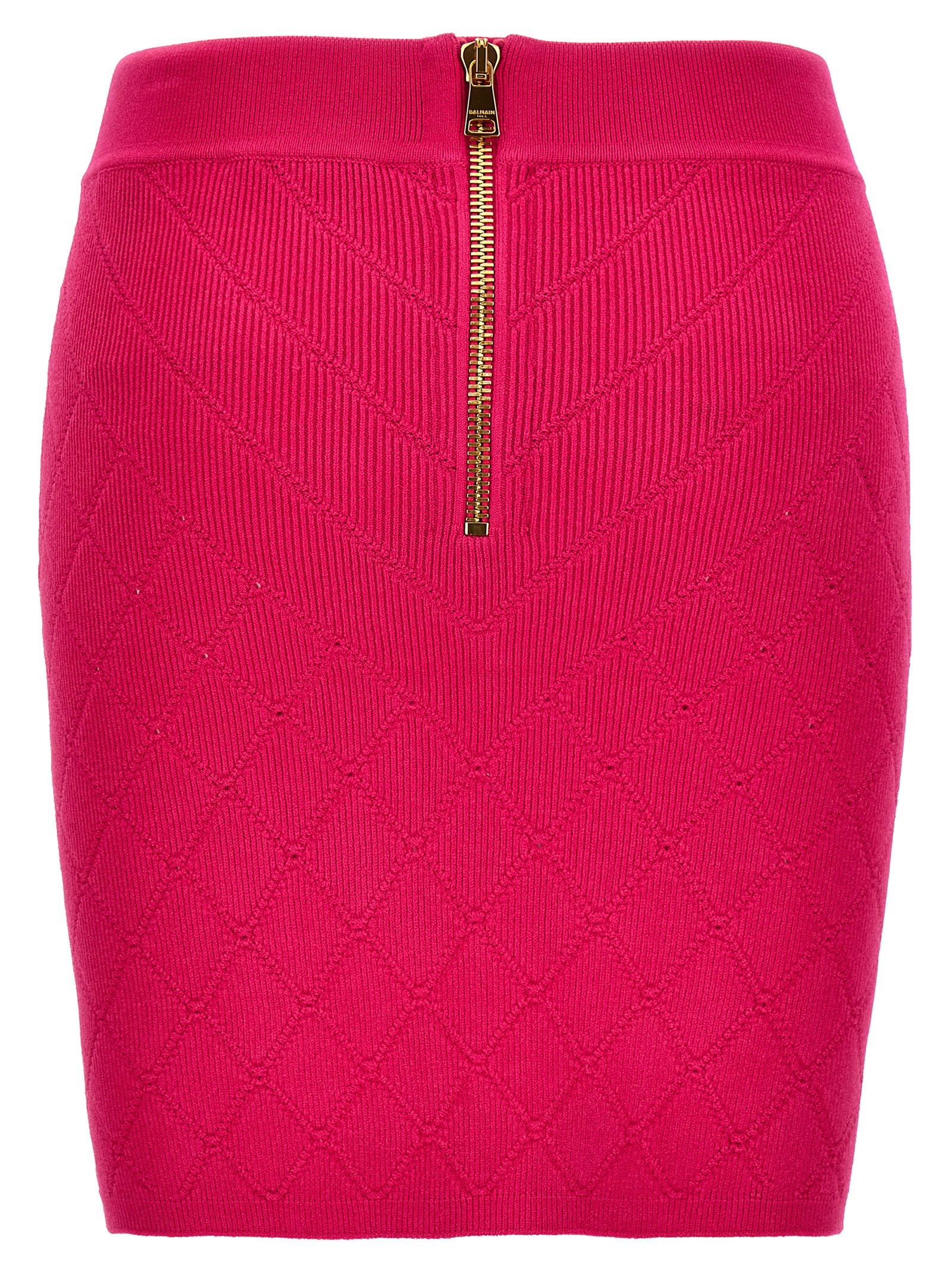 Shop Balmain Logo Button Knitted Skirt In Fuchsia