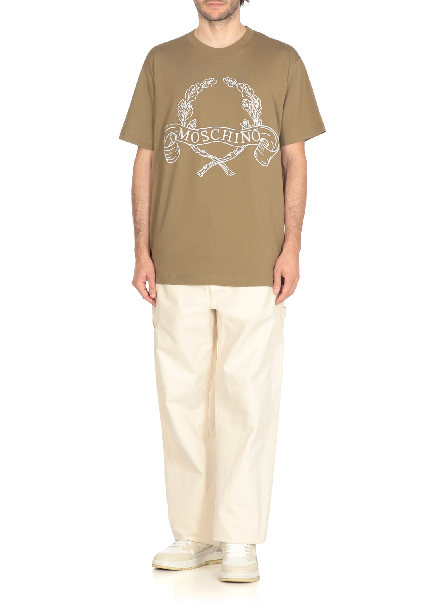 Moschino Cotton T-shirt With Contrasting Embroidered Logo In Green