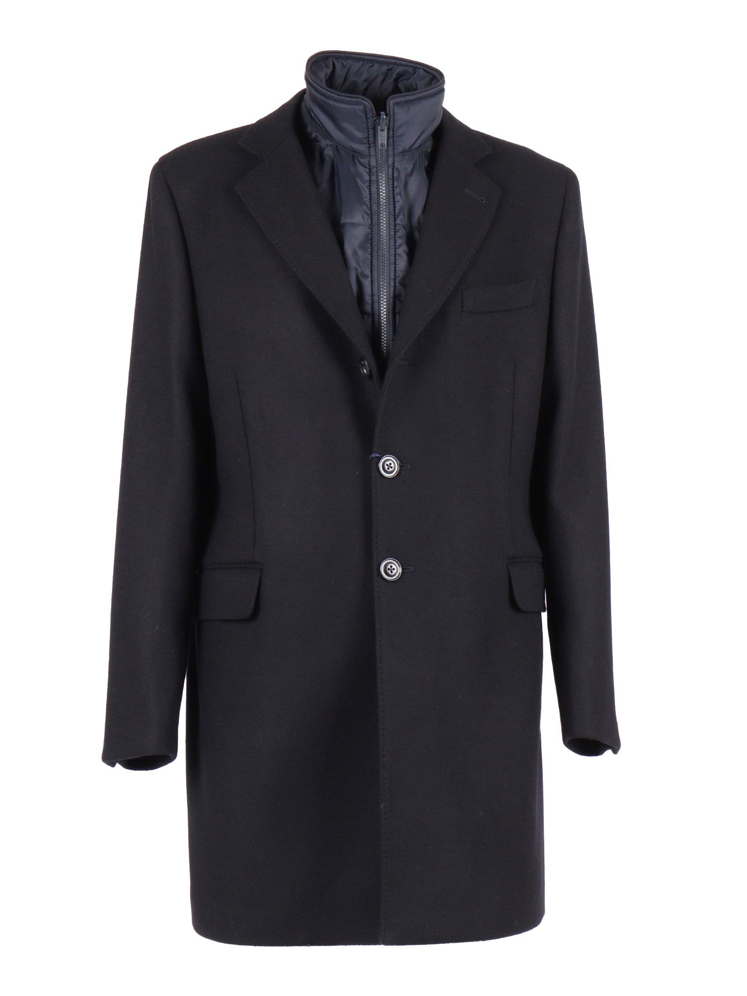 Fay Layered Navy Blue Coat With Button Fastening And Flap Pockets In Black
