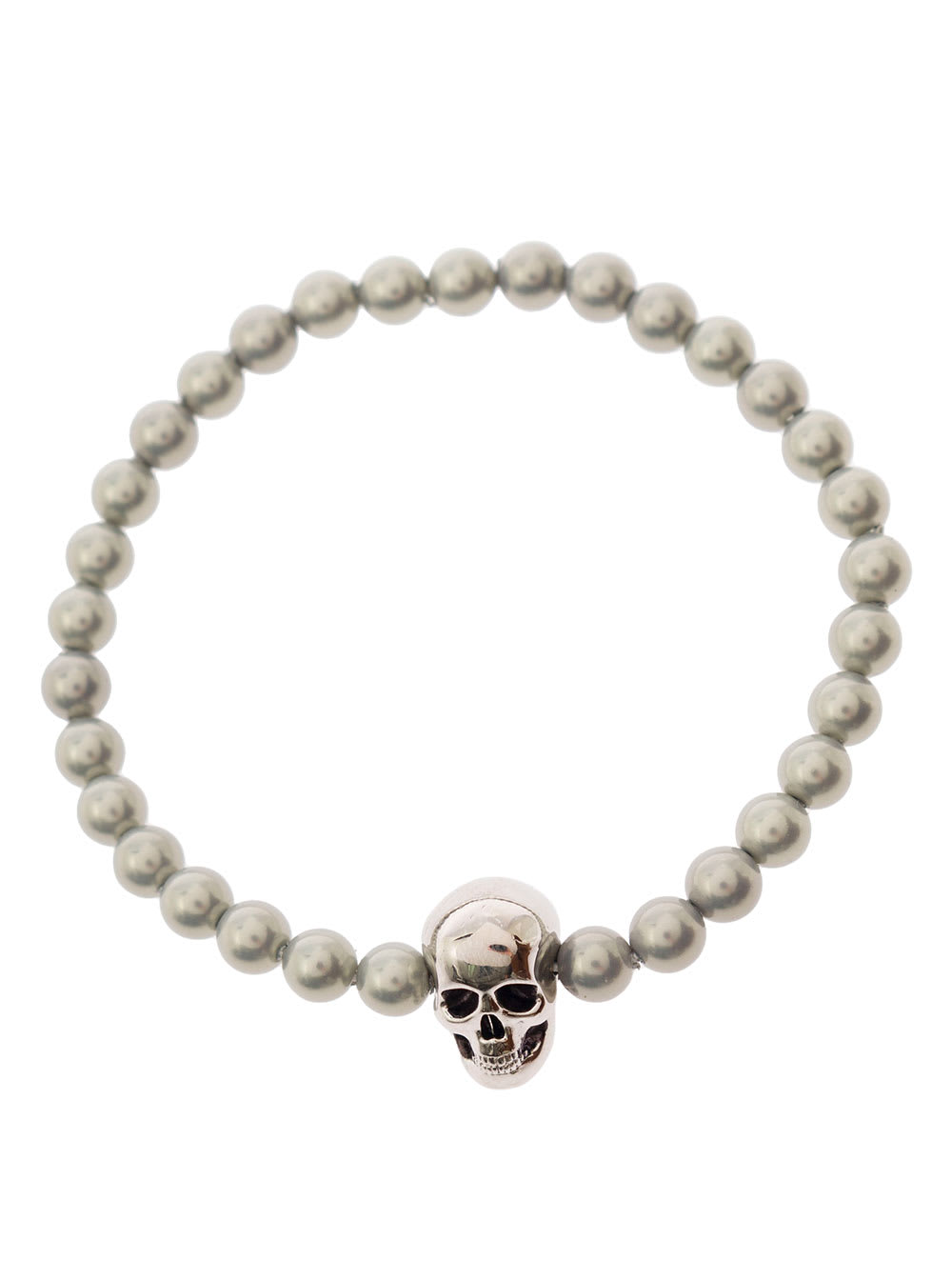 Shop Alexander Mcqueen Silver-colored Beaded Bracelet With Skull Charm In Brass Man In Metallic