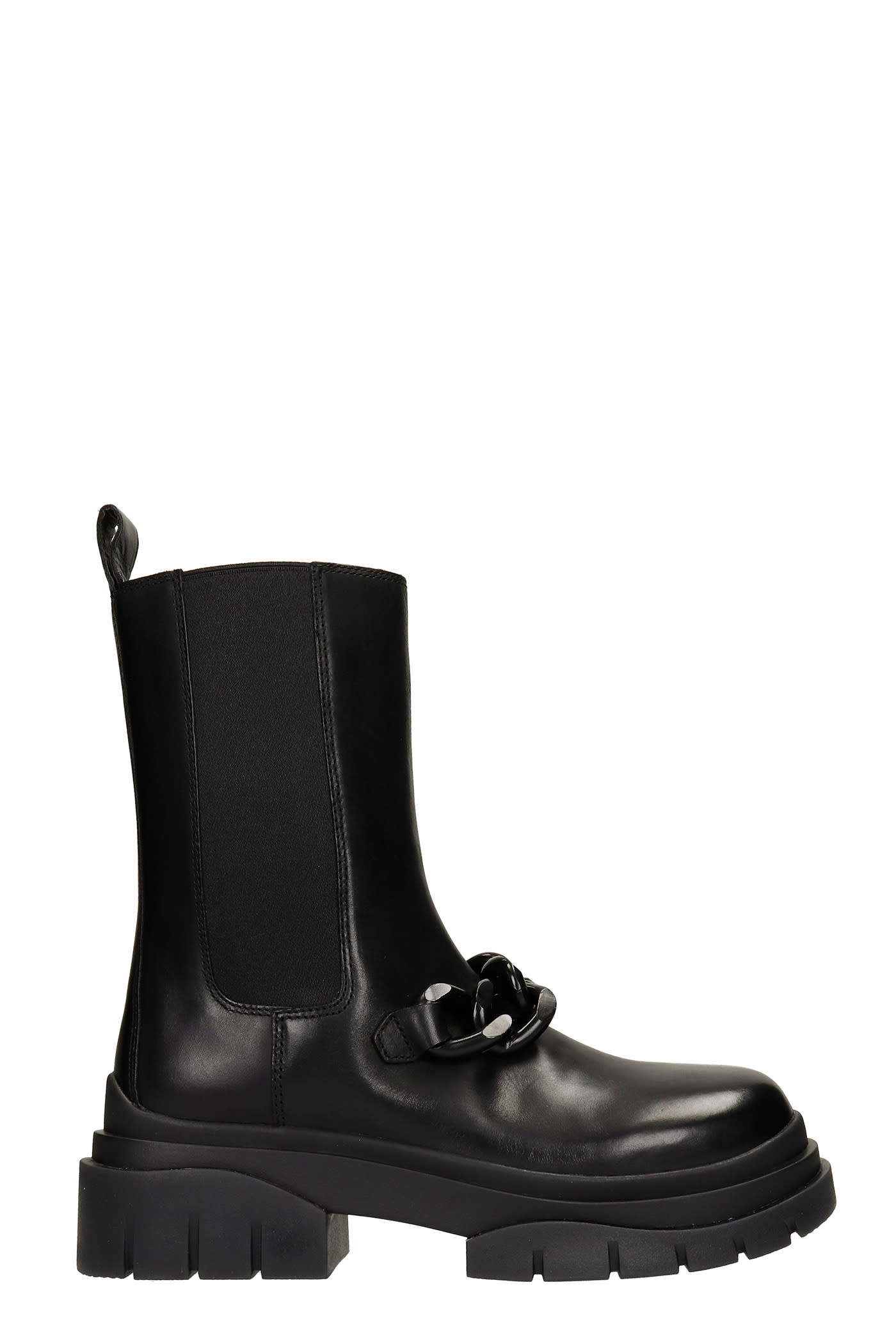 Ash Storm Chain Combat Boots In Black Leather