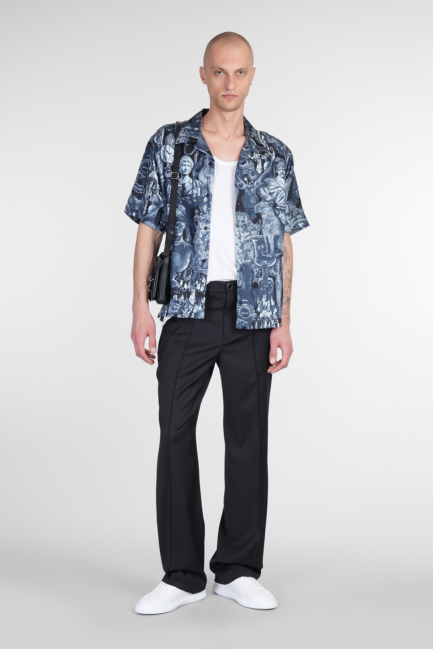 Givenchy Mens Black Navy Logo-embellished Relaxed-fit Woven Bowling Shirt
