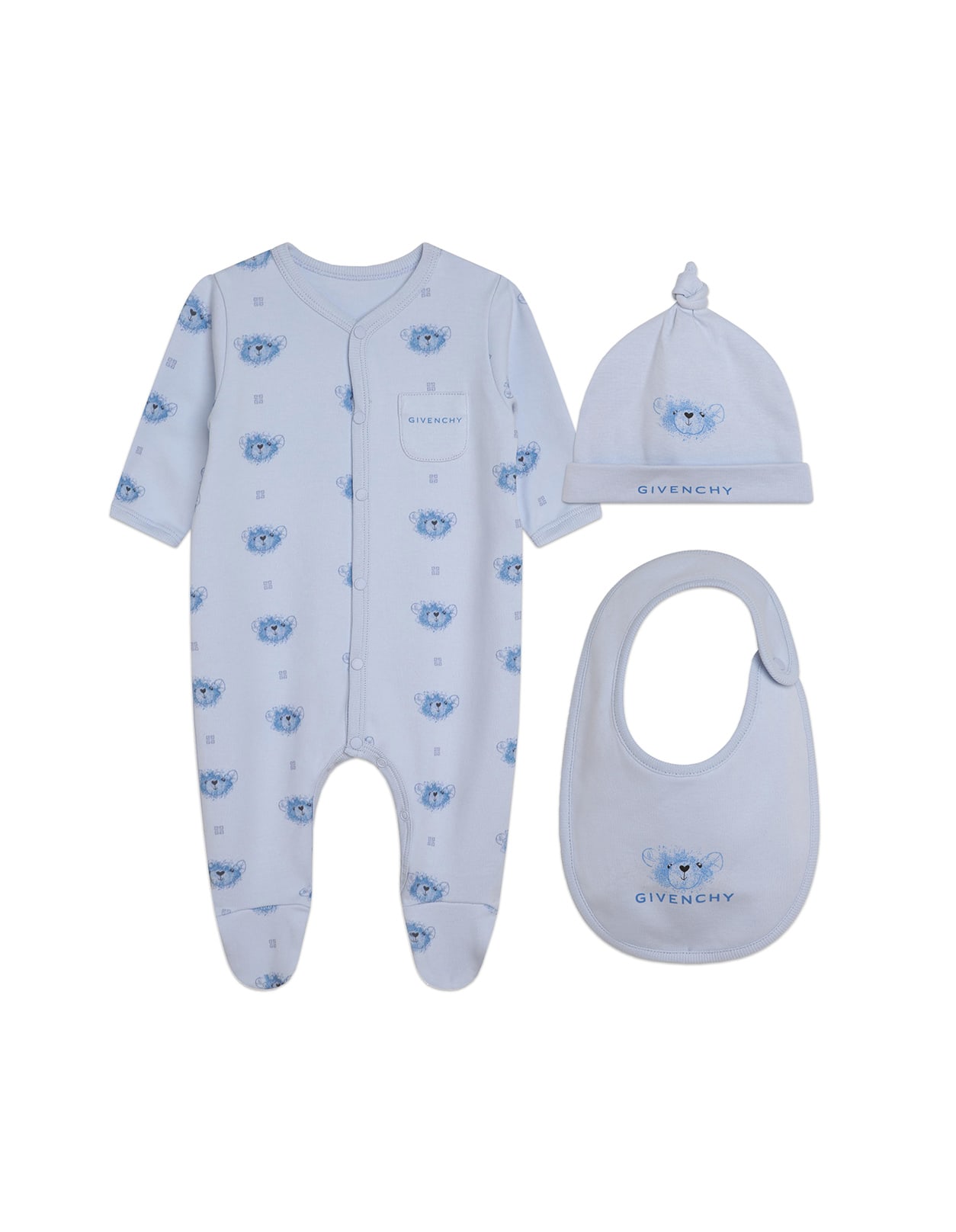 GIVENCHY PLAYSUIT, BEANIE AND BIB SET IN LIGHT BLUE WITH PRINT