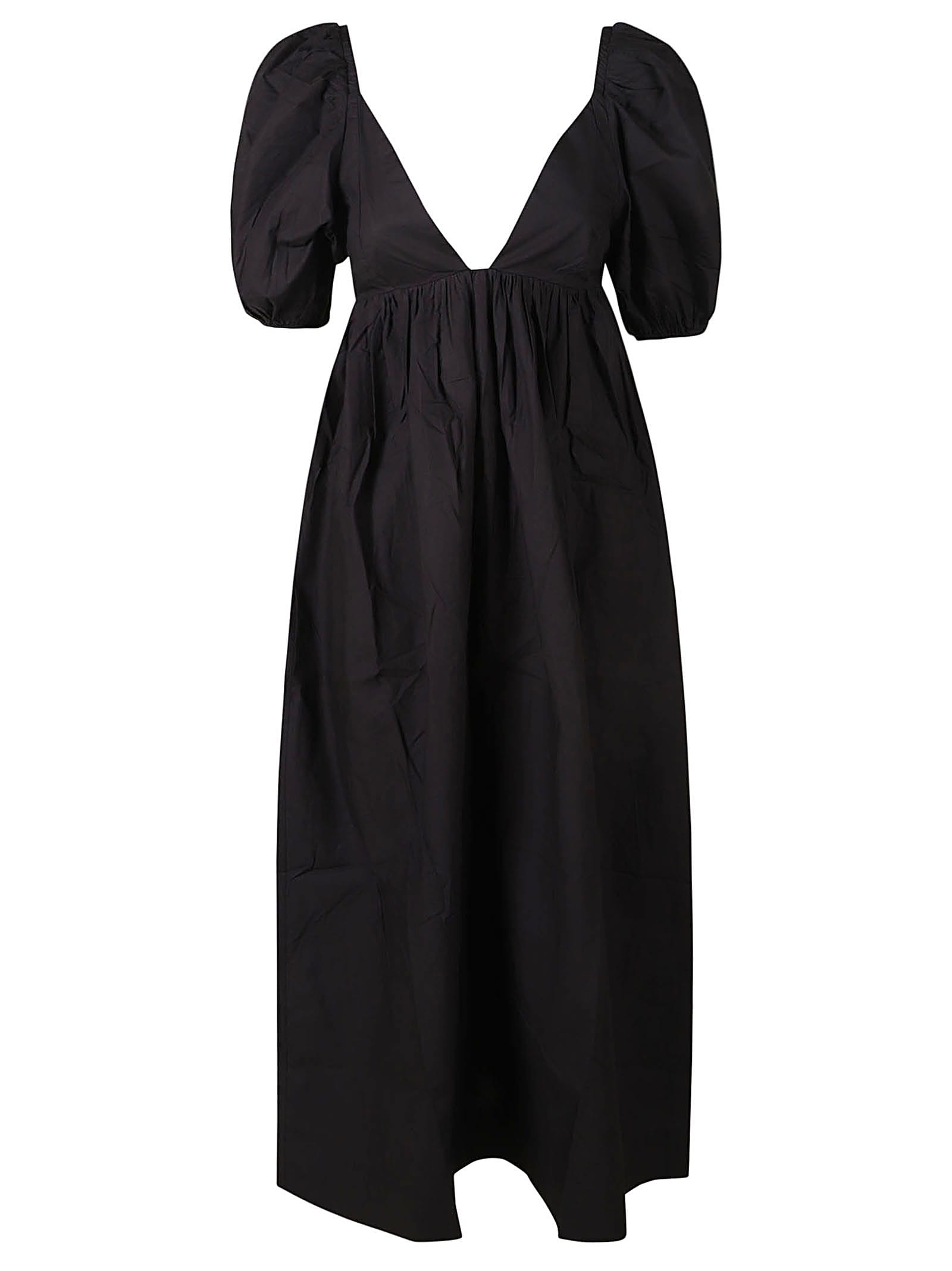 Shop Ganni Deep V-neck Balloon-sleeve Dress In Black