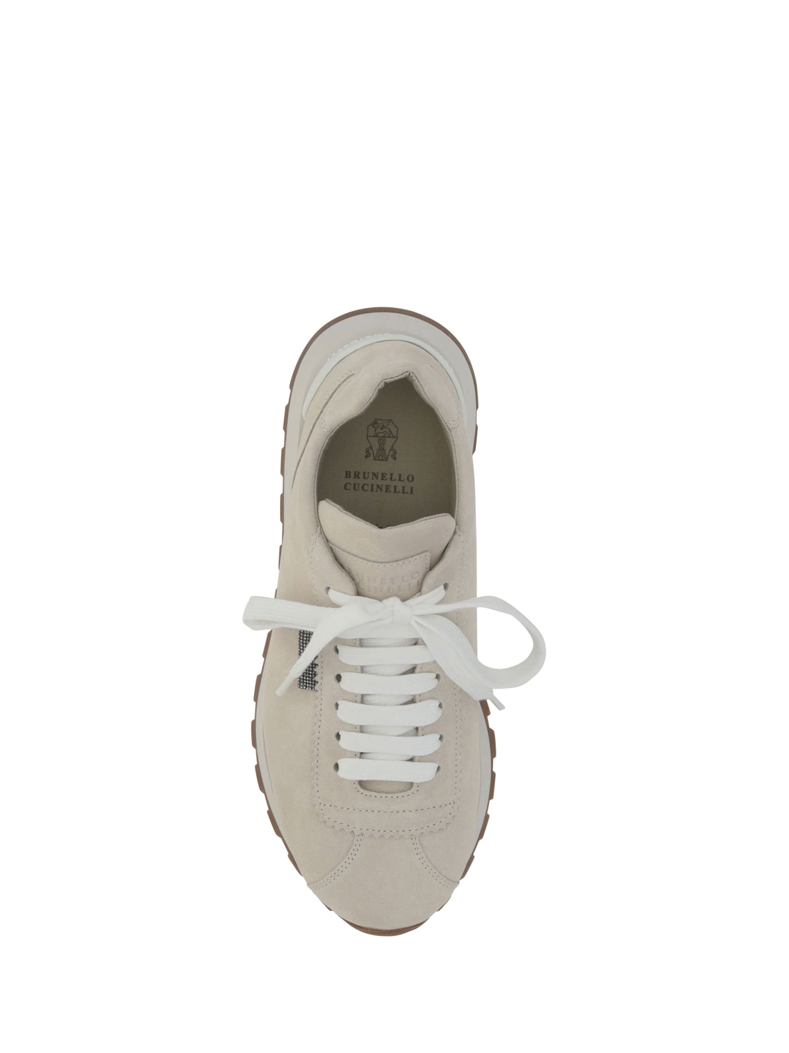 Brunello Cucinelli Beige Low Top Sneakers With Monil Detail On The Side And Embossed Logo Lettering On The Rear In Gray
