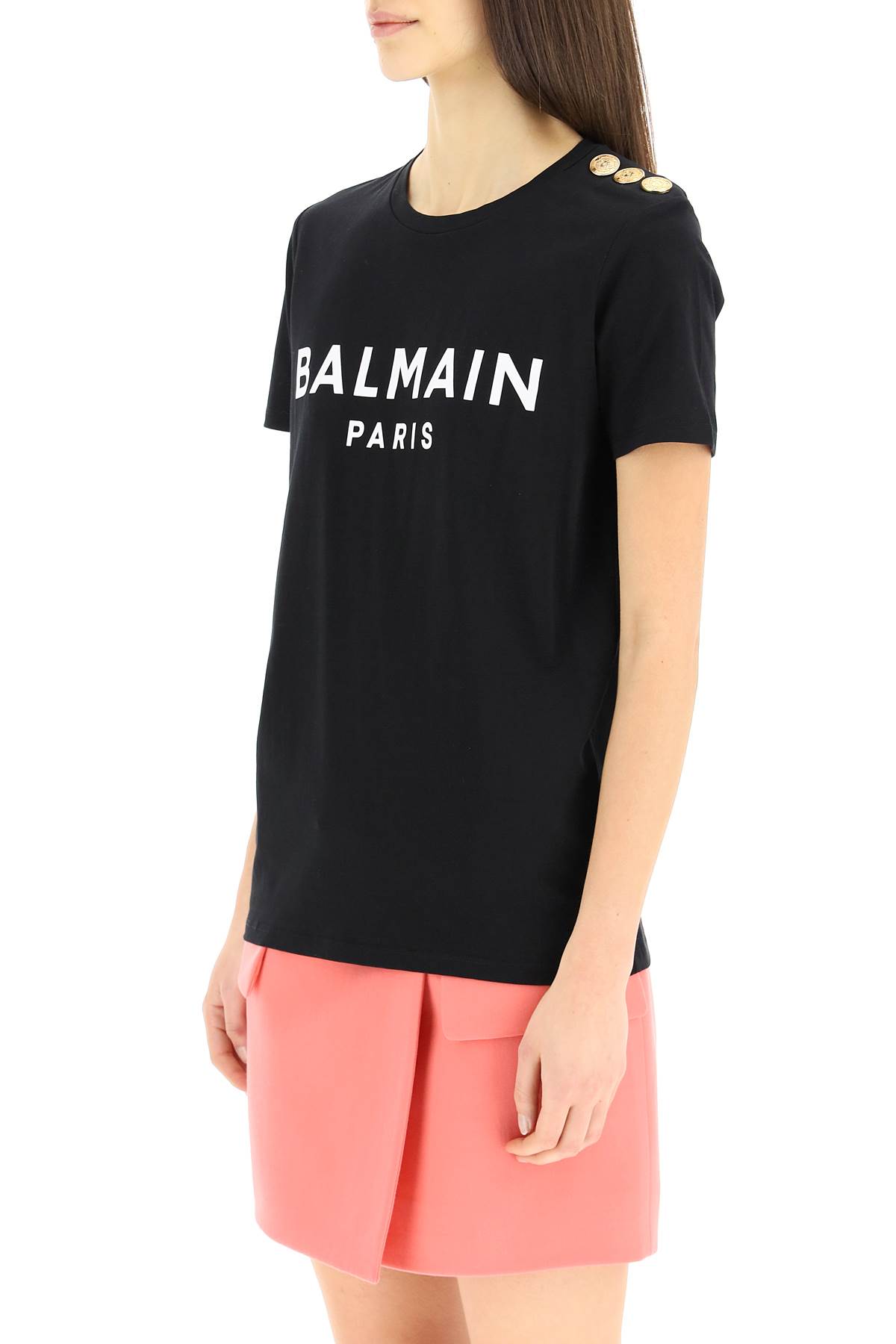 Shop Balmain Logo T-shirt With Embossed Buttons In Noir Blanc