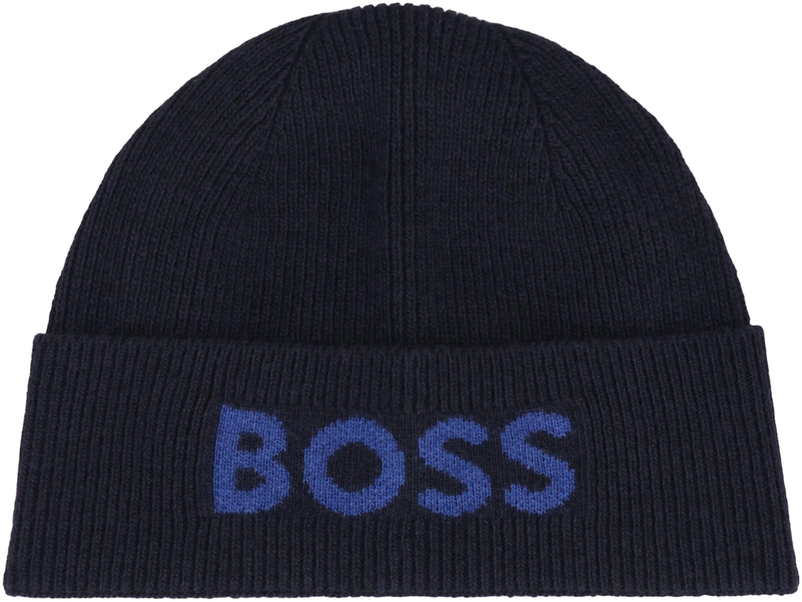 Hugo Boss Logo Knit Beanie Adjustable Cuff In Blue