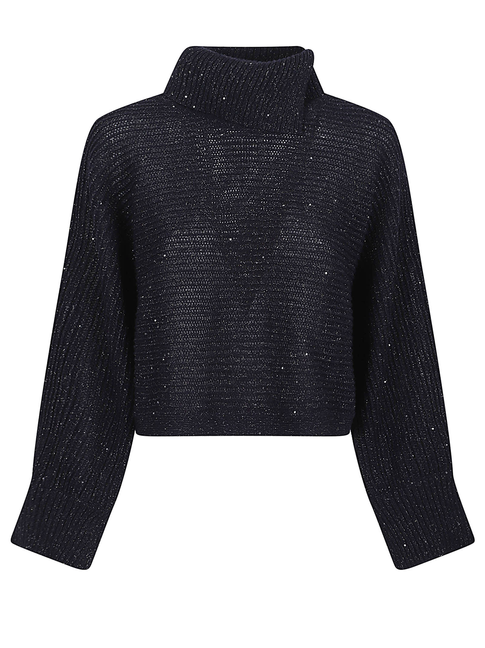 Peserico High Neck Cropped Knit Sweater With Sparkle In Black