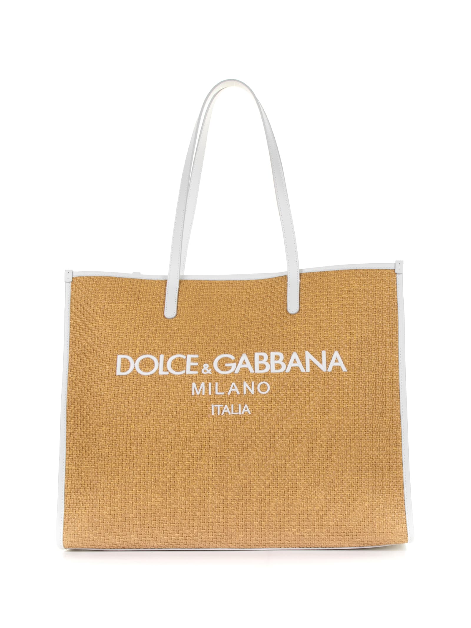 Shop Dolce & Gabbana Large Shopping Bag In Woven Raffia With Logo In Miele Latte