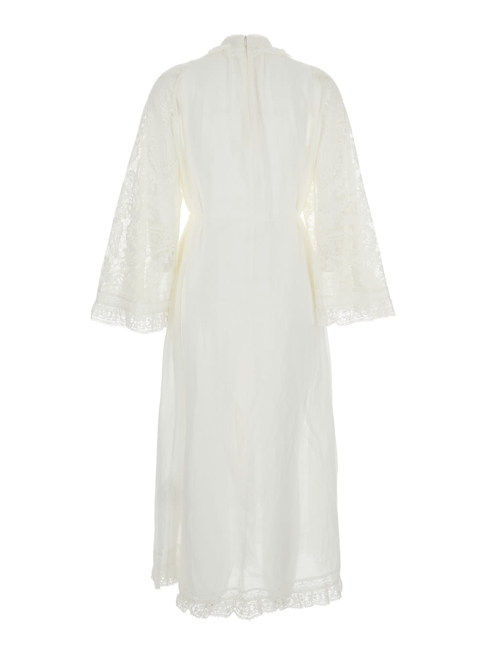 Zimmermann Ascension Lace Yoke White Midi Dress With Lace Embellishment And Stand-up Collar In Ramie Woman In Neutral