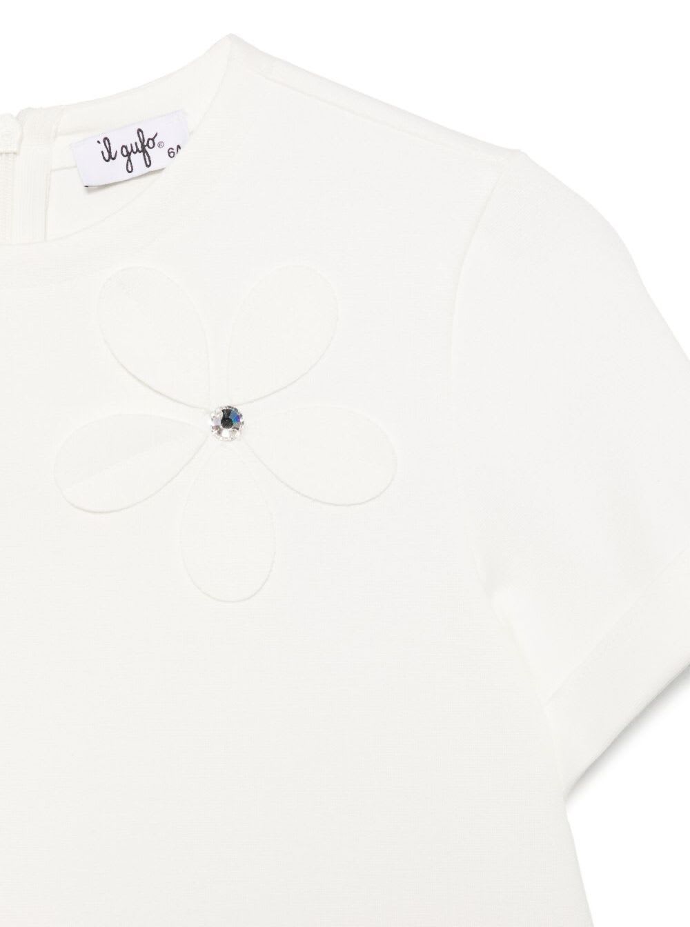 Il Gufo White Crewneck Dress With Floral Patches On The Front And Rear Concealed Zip Closure In Viscose Blen In White