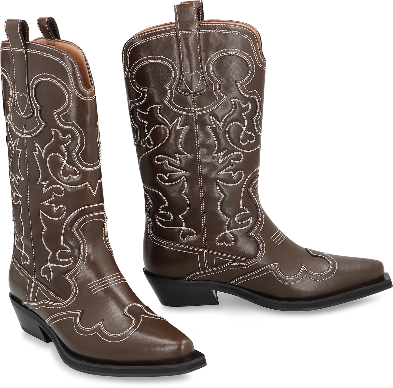 Ganni Shaft Boots With Cuban Heel And Decorative Stitching In Brown