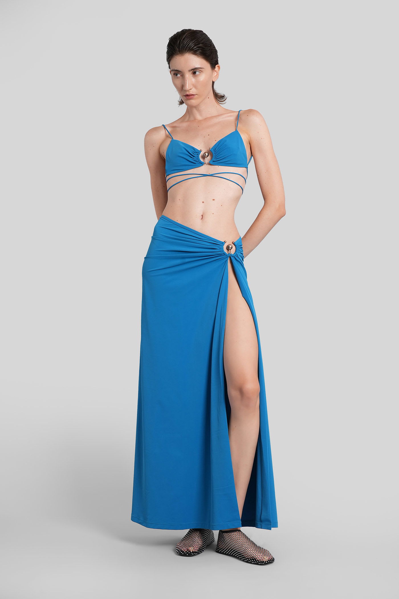 Christopher Esber Orbit Embellished Ruched Stretch-jersey Maxi Skirt In Blue