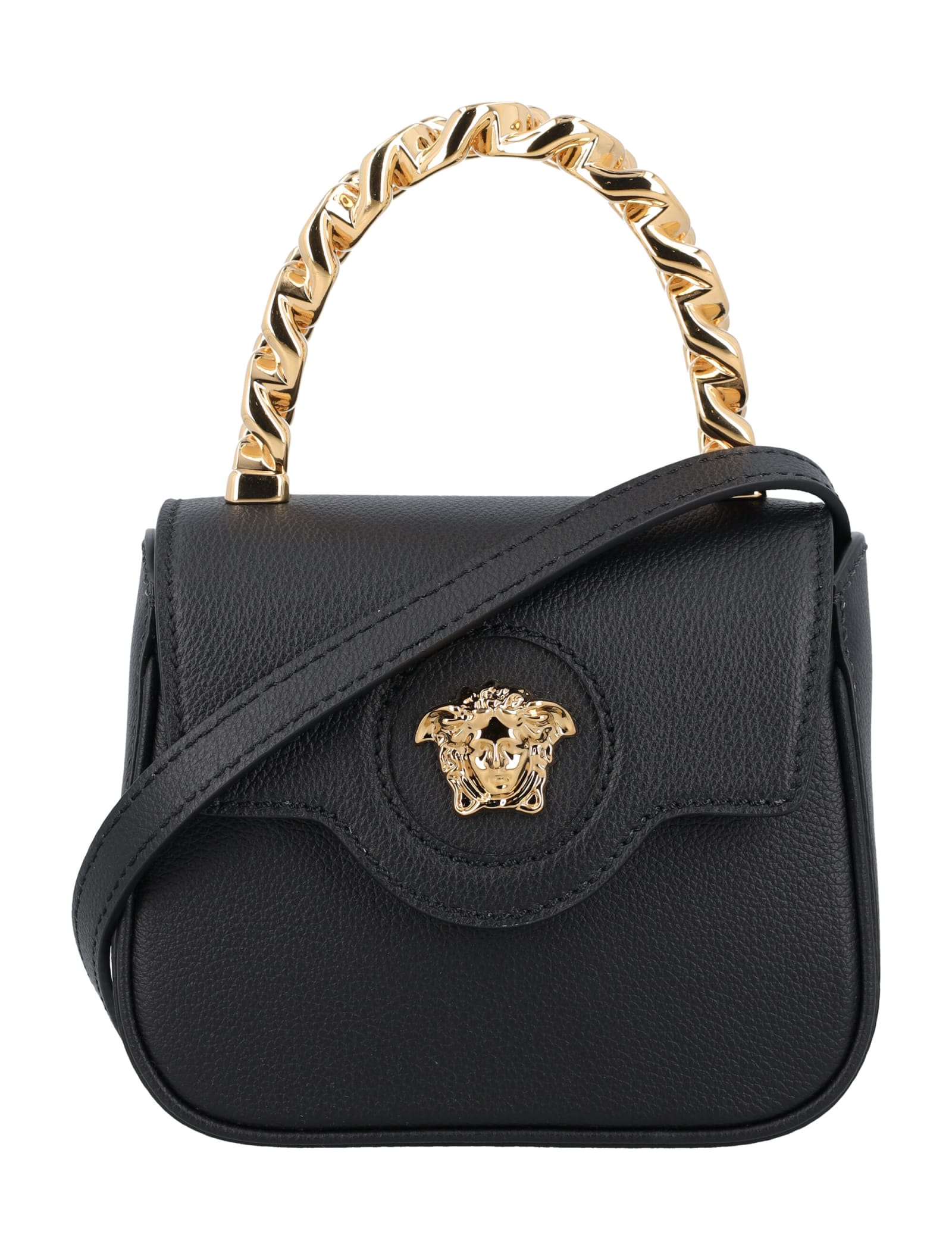 Versace Coated Canvas La Greca Signature Print Virtus V Mini Chain Bag Black Caramel