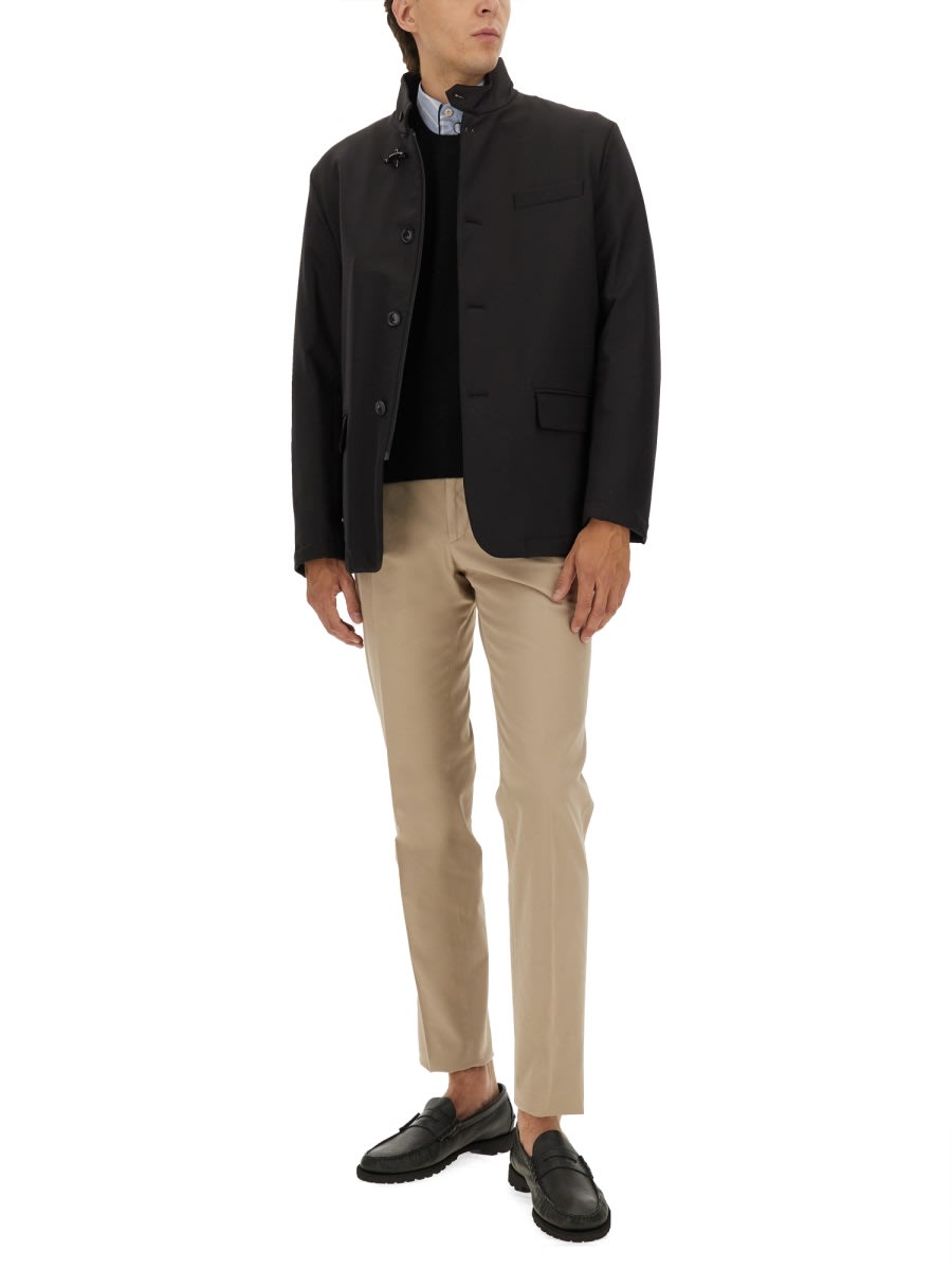 Fay High Collar Jacket With Unique Hook Closure And Flap Pockets In Black