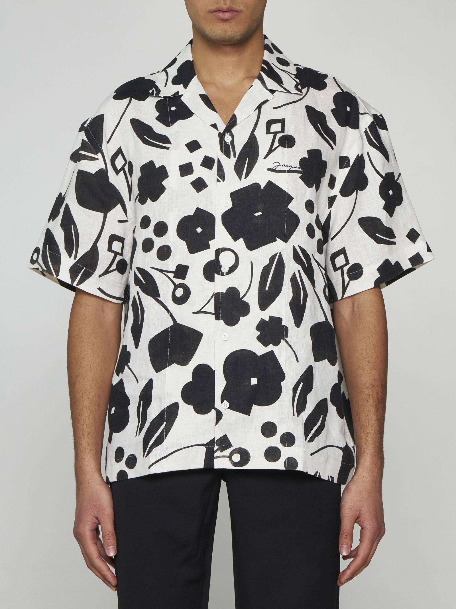 Shop Jacquemus Jeans Print Linen Shirt In Pt Black White Cubic Flow