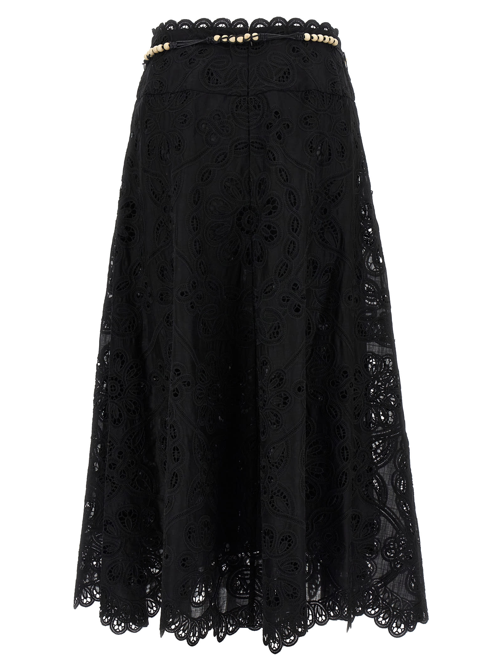 Zimmermann Flared Midi Skirt With Embroidered Openwork Design In Black
