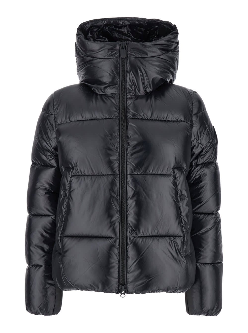 Shop Save The Duck Biddy Black Down Jacket With Hood And Logo Patch On The Sleeve In Tech Fabric Man