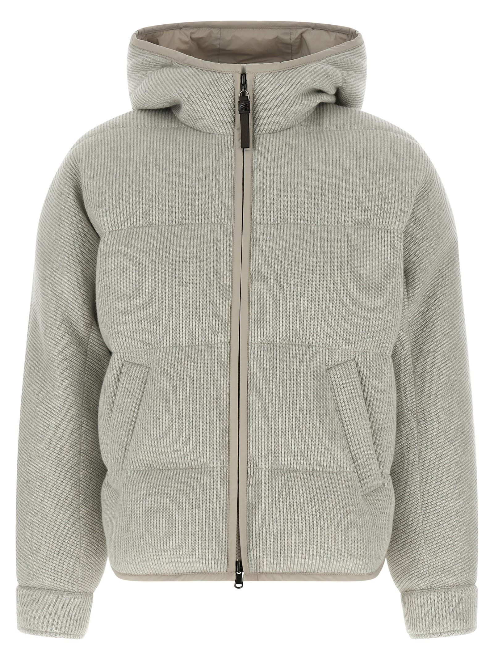 Brunello Cucinelli Lame Wool Down Jacket In Silver