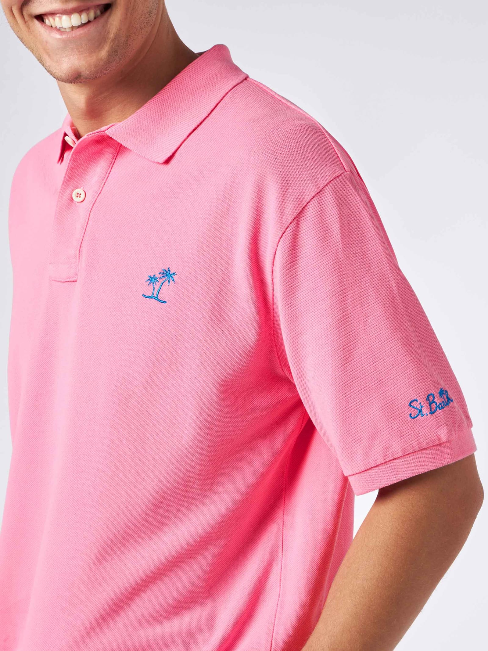 Shop Mc2 Saint Barth Man Pink Piquet Polo With St. Barth Logo And Vintage Effect