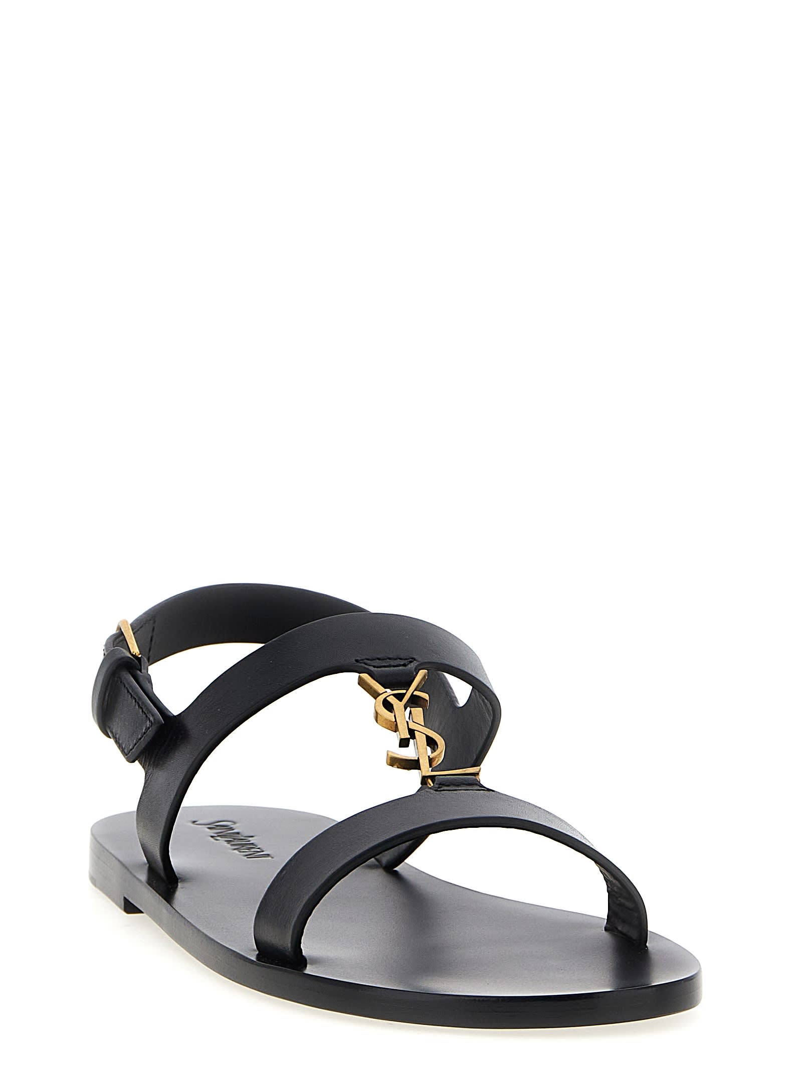 Saint Laurent Cassandra Logo Plaque Flat Sandals In Black