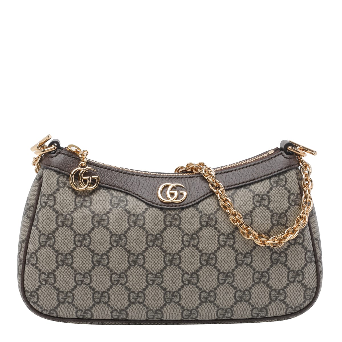 Gucci Women Beige Shoulder Bag With Gg Plaque On The Front And Chain-link Handle In Gg Canvas Woman In Brown