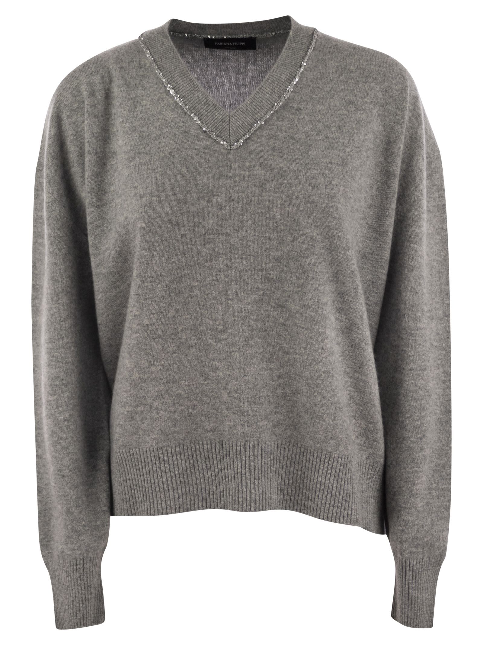 Shop Fabiana Filippi V-neck Sweater With Sequins In Grey