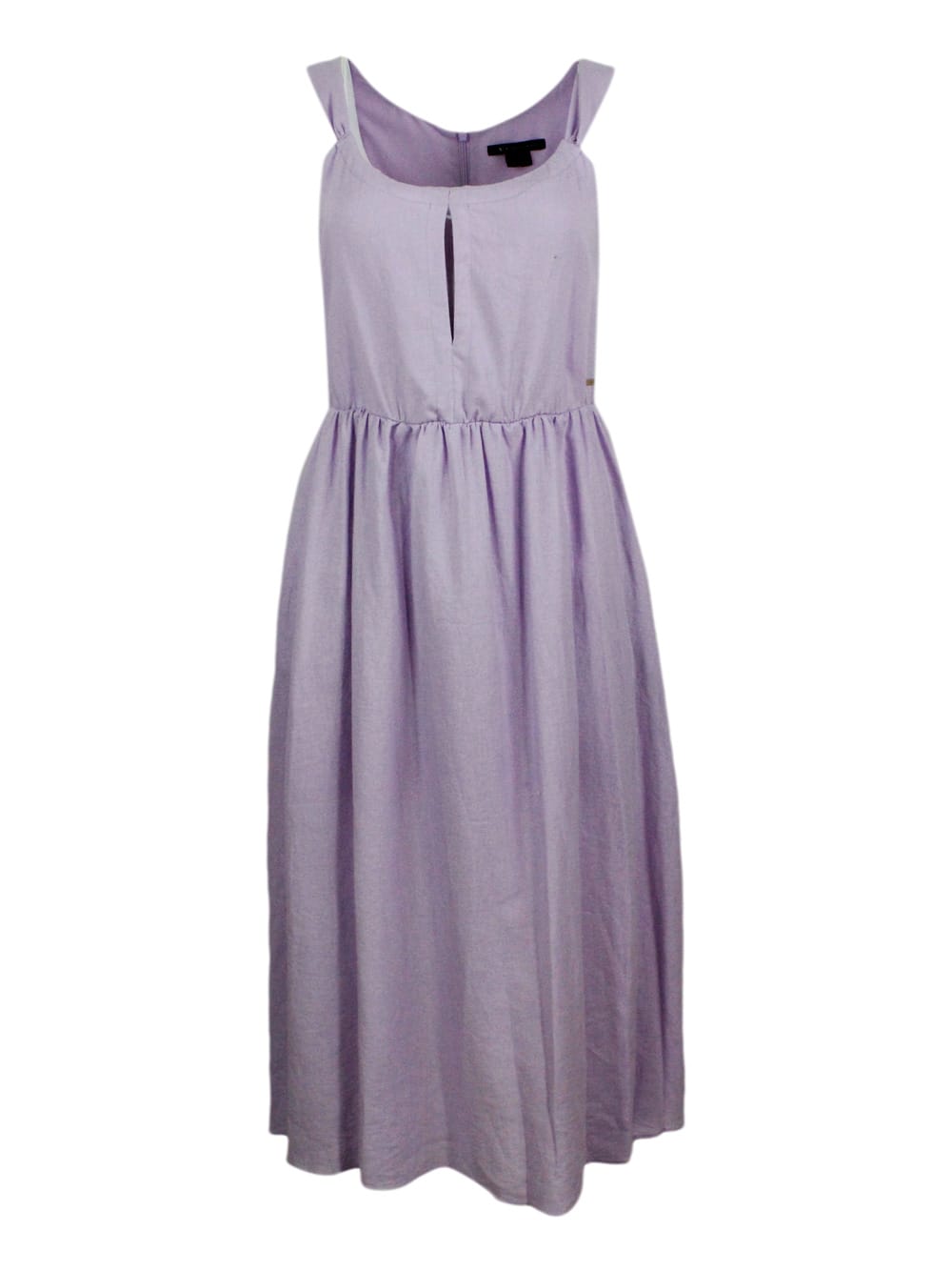 Sleeveless Dress Made Of Linen Blend With Elastic Gathering At The Waist. Welt Pockets