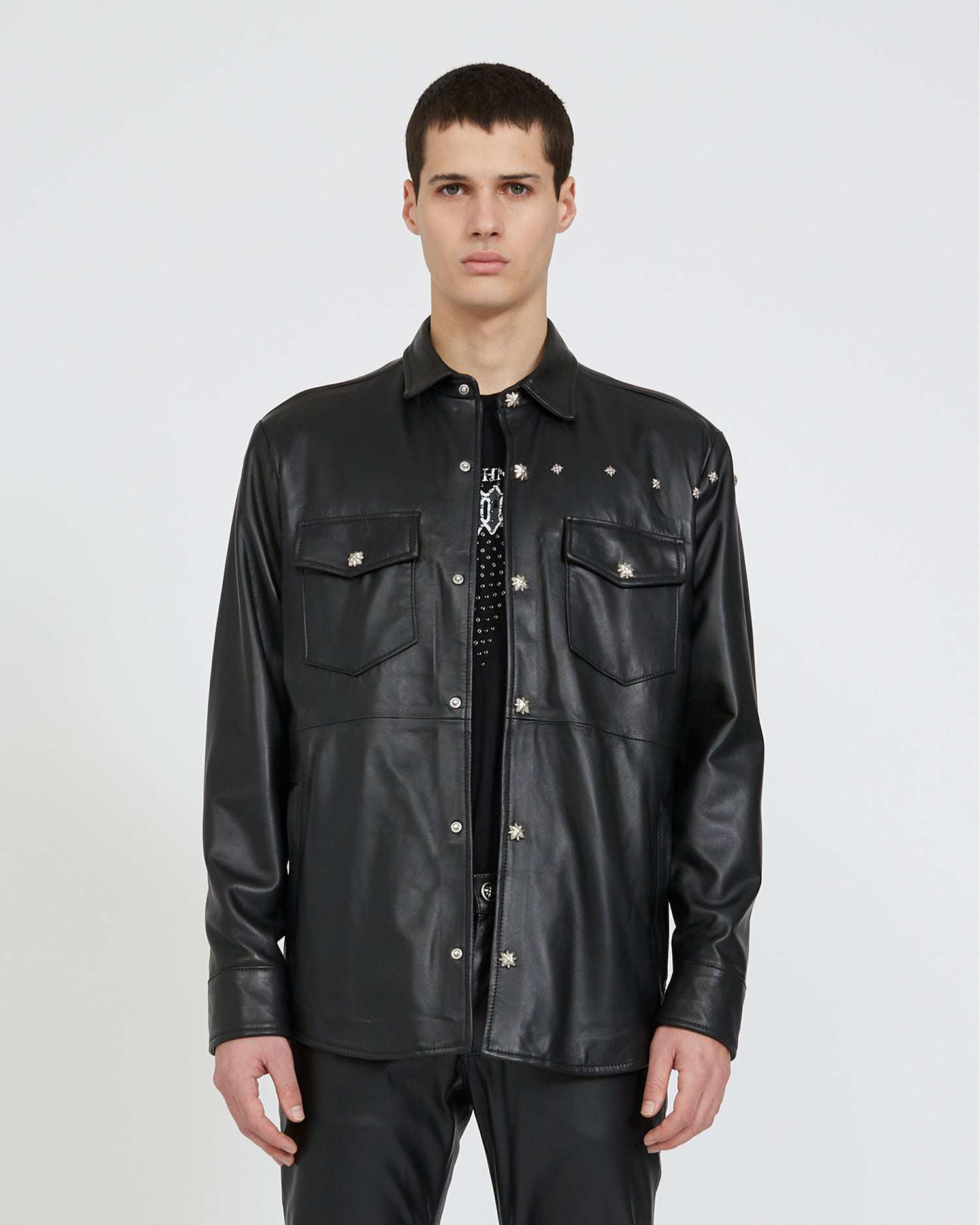 Shop John Richmond Leather Shirt With Clip Closure In Nero