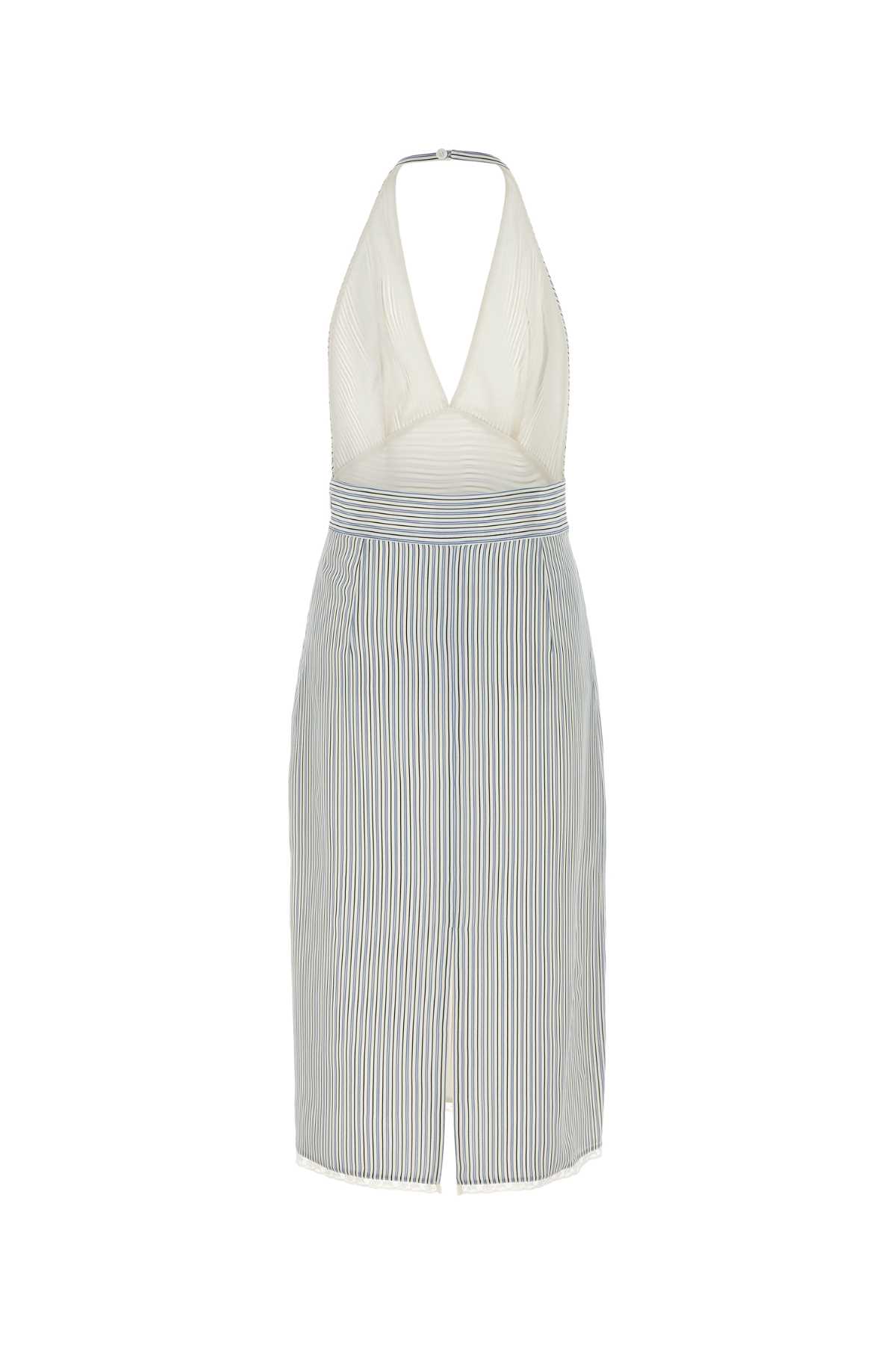 Miu Miu Striped Silk Halter Dress With Back Slit In Gray