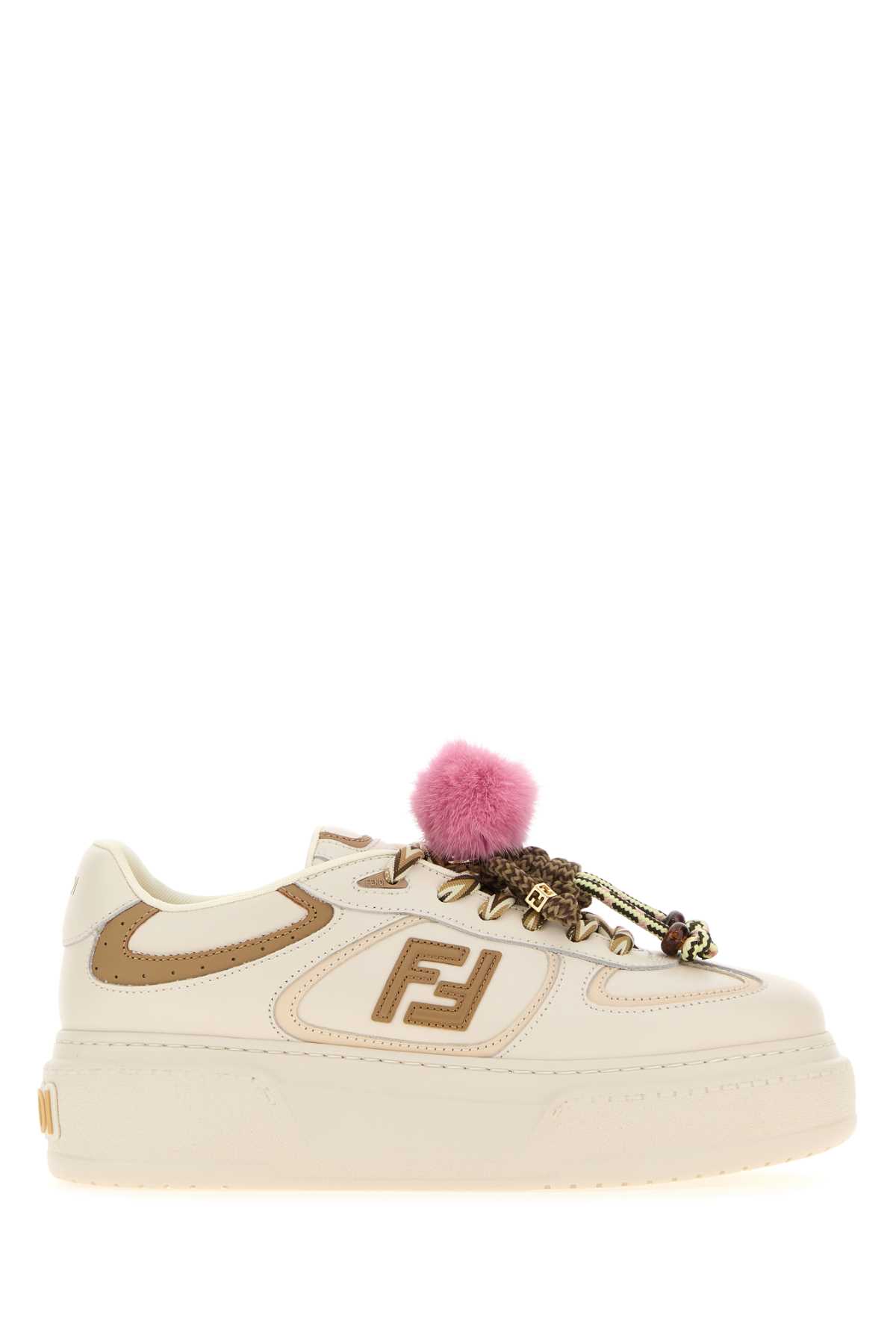 Fendi Low Top Platform Shoes In White Leather With Charm In White