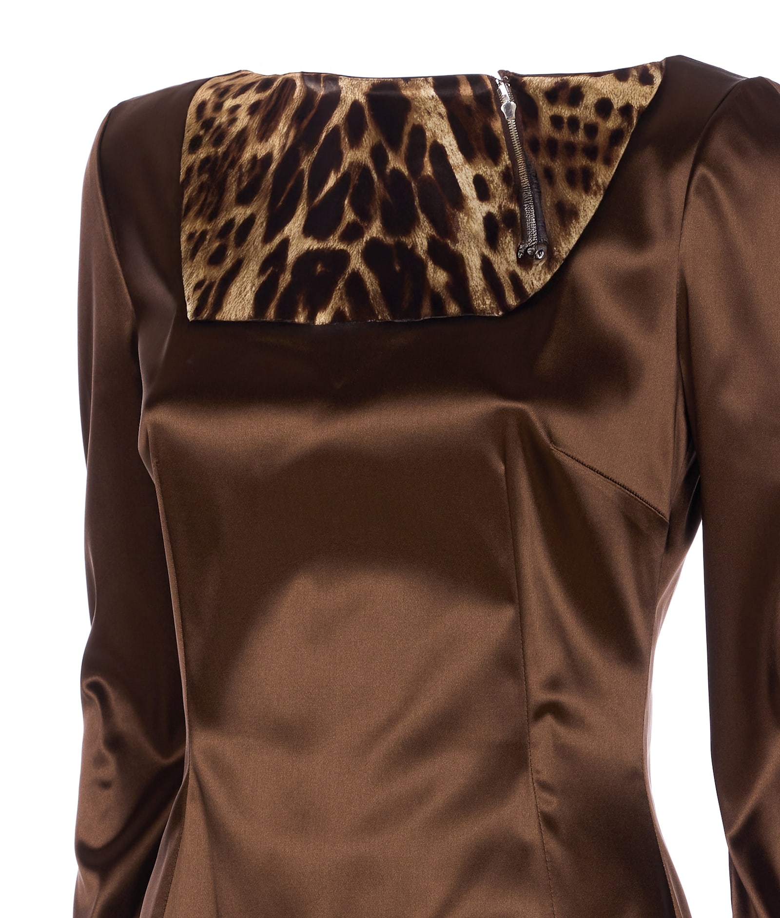Dolce & Gabbana Long Sleeve Midi Dress With Animal Print Detail In Brown