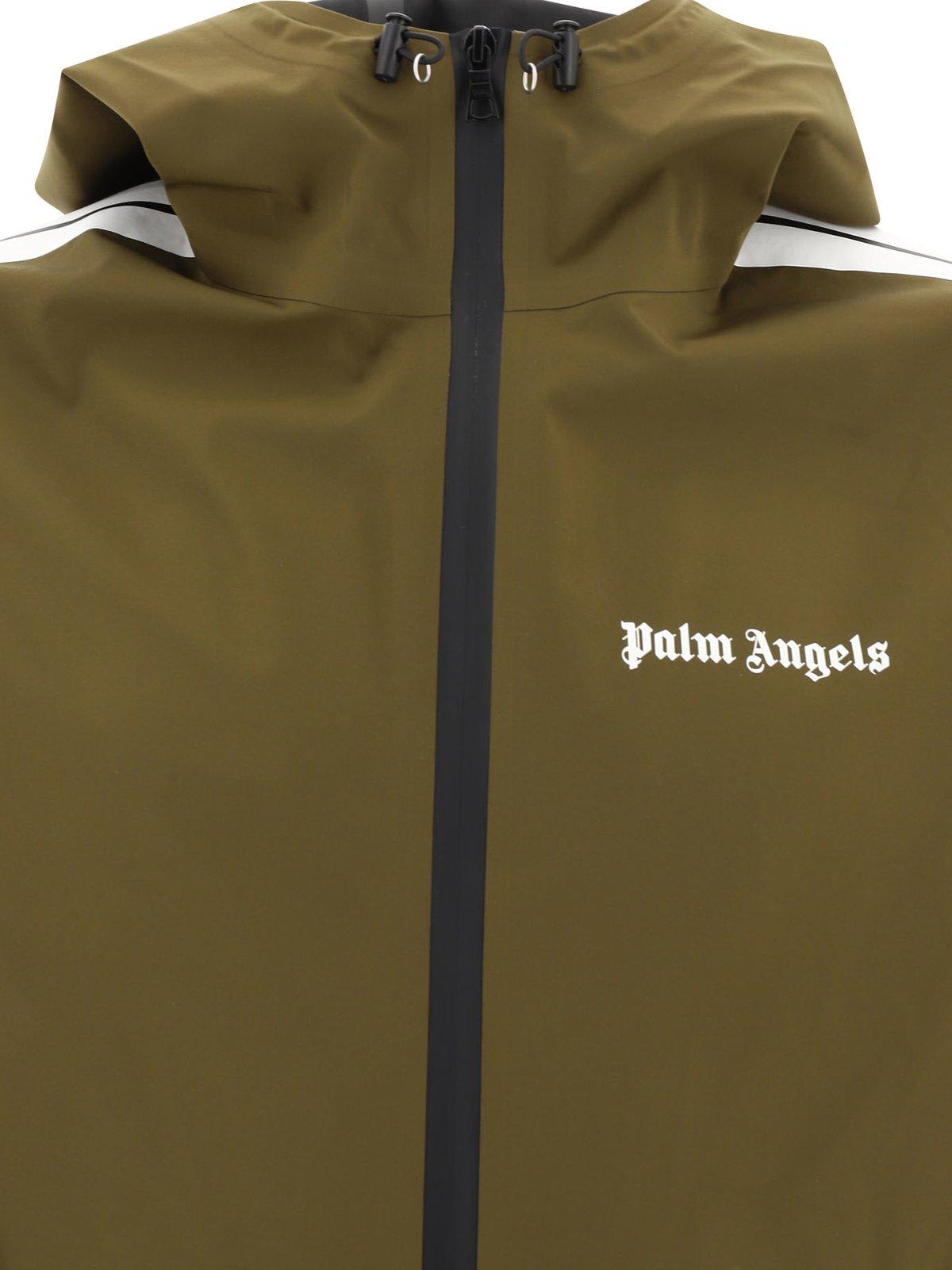 Palm Angels Logo Printed Zip-up Hooded Jacket In Green