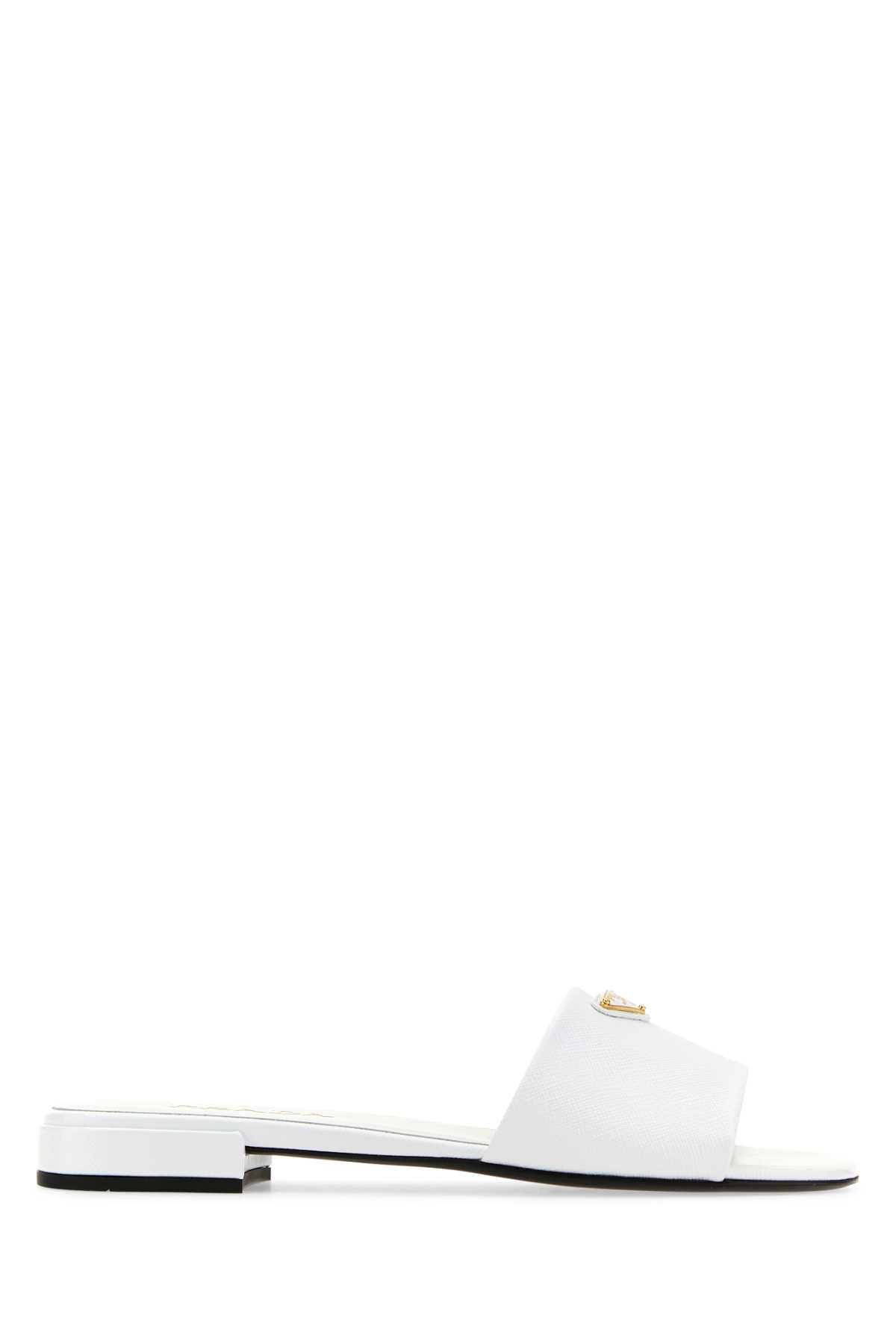 Shop Prada White Leather Slippers In Bianco