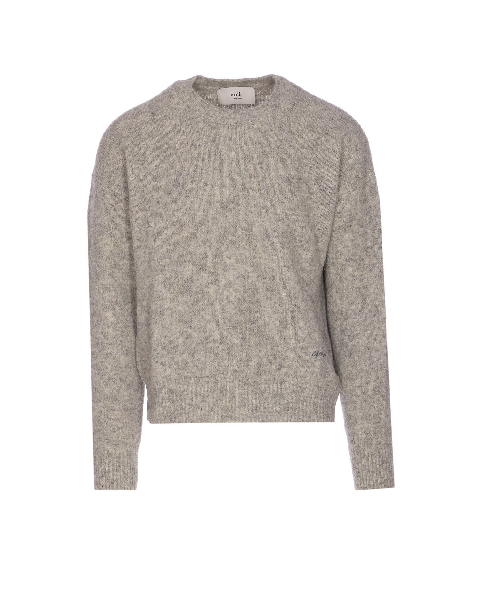 Ami Alexandre Mattiussi Grey Crew Neck Sweater With Lettering Logo In Alpaca And Wool Blend Woman In Gray