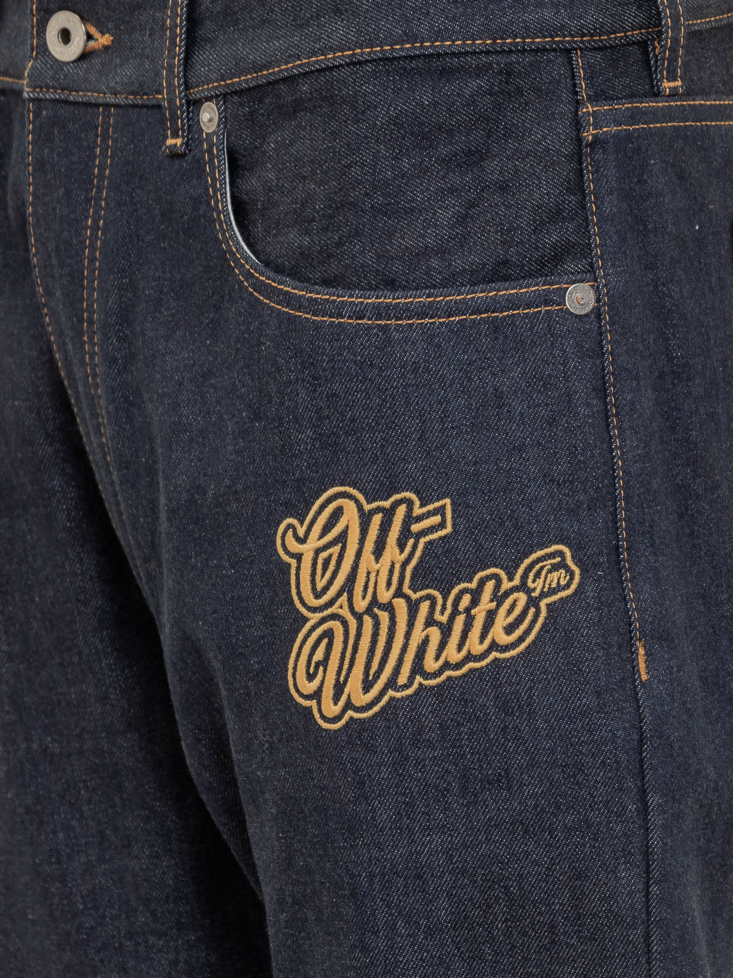 Shop Off-white Jeans With Logo In Raw Blue Gold