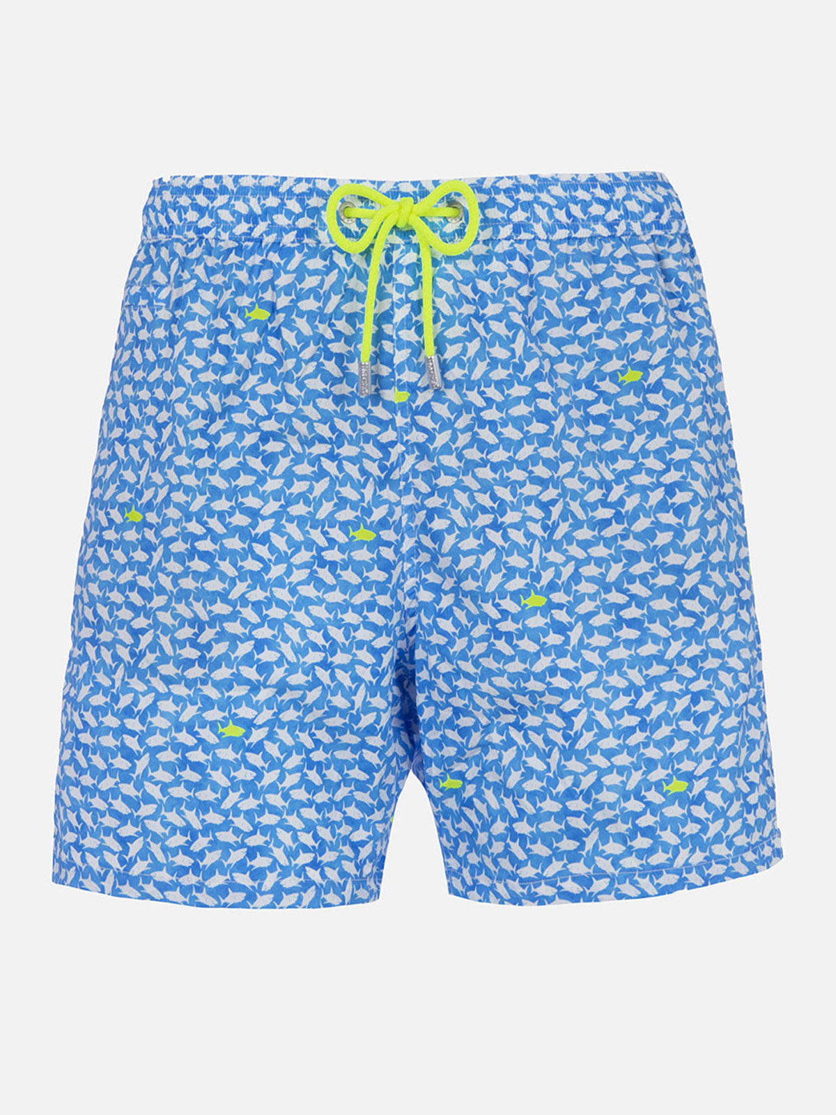 Mc2 Saint Barth Man Comfort Light Swim Shorts With Sharks Print In Bluette