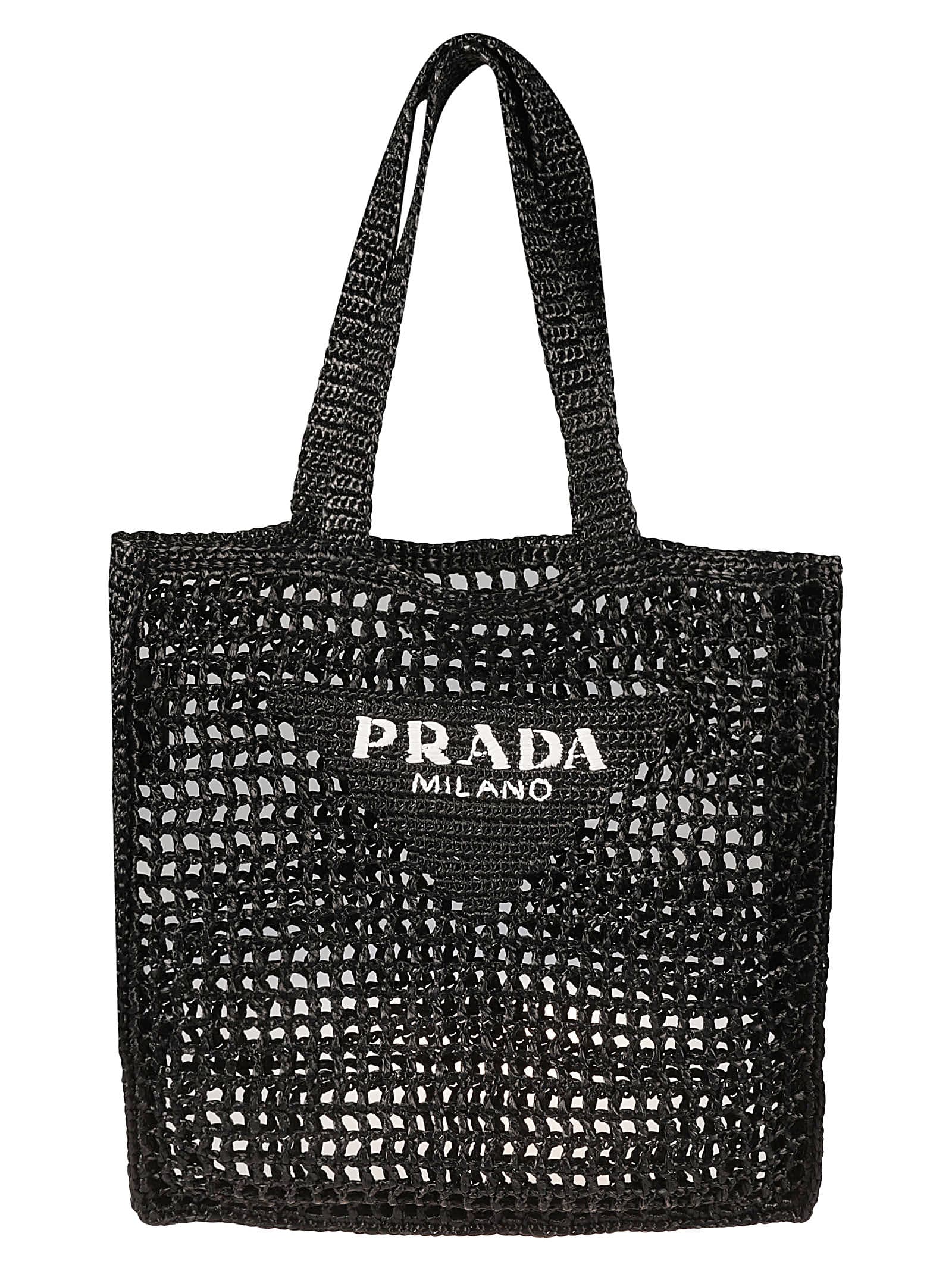 Prada Logo Detail Raffia Shopper Bag