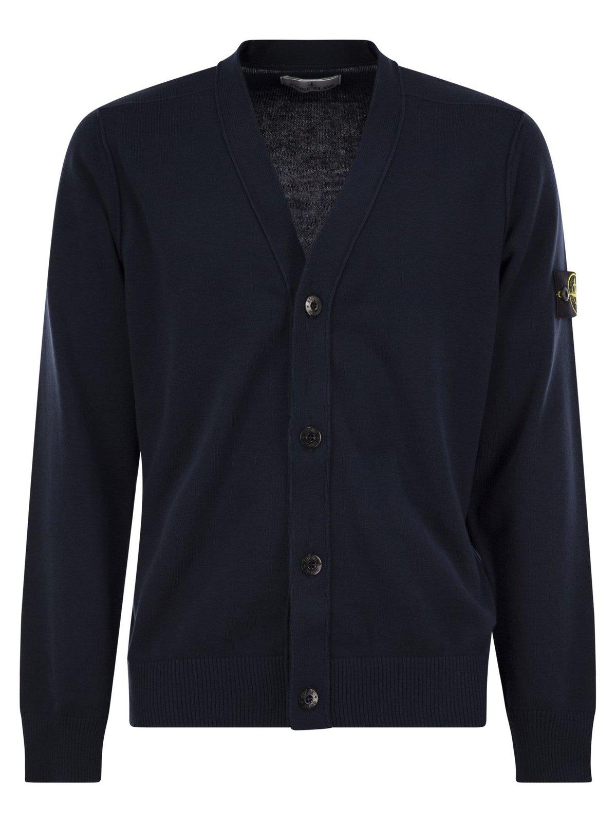 Stone Island Compass Patch V-neck Cardigan In Blue