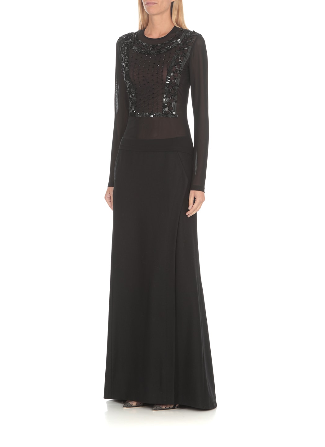 Alberta Ferretti Embellished Long-sleeve Mesh Bodysuit In Black