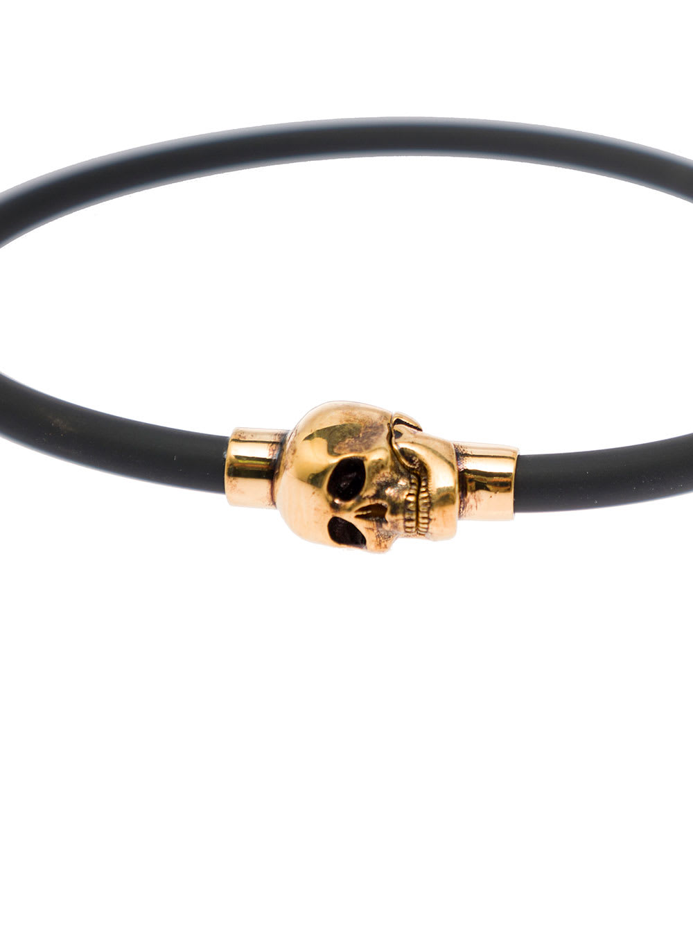 Shop Alexander Mcqueen Black Slip-on Bracelet With Golden-tone Skull Charm In Rubber And Brass In Metallic