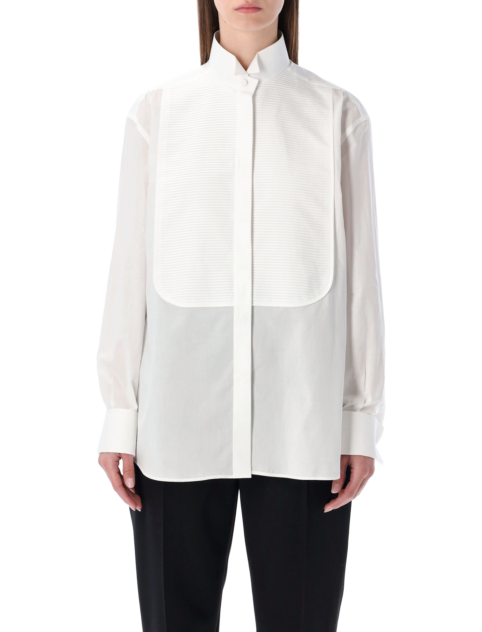 Tom Ford Structured Cotton Shirt Featuring Pleated Bib In White