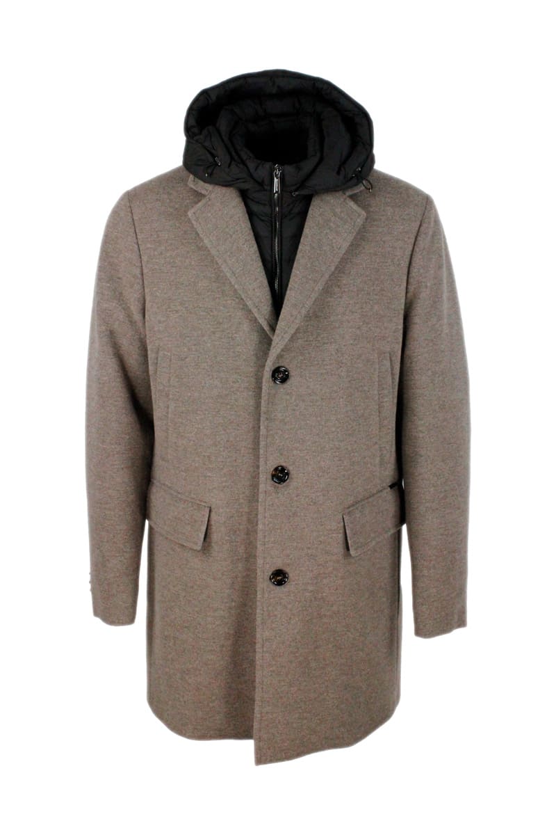 Moorer Coat Padded With Real Goose Down Quilted With Checks. Three-button Coat With Bib And Detachable Hood.
