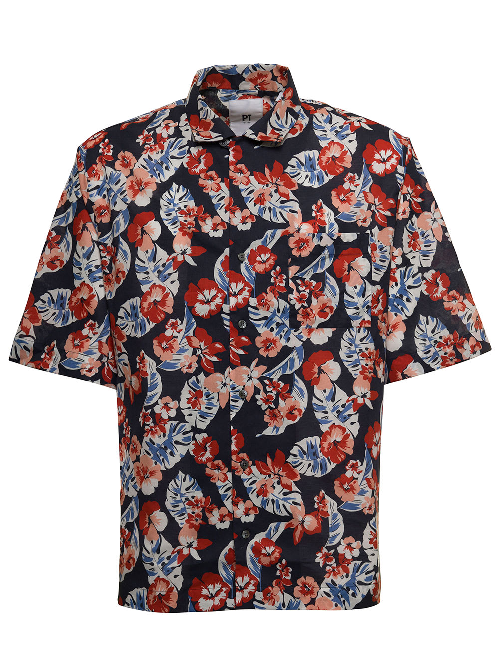 PT01 Pt Torino Man Cotton Bowling Shirt With Palms Print